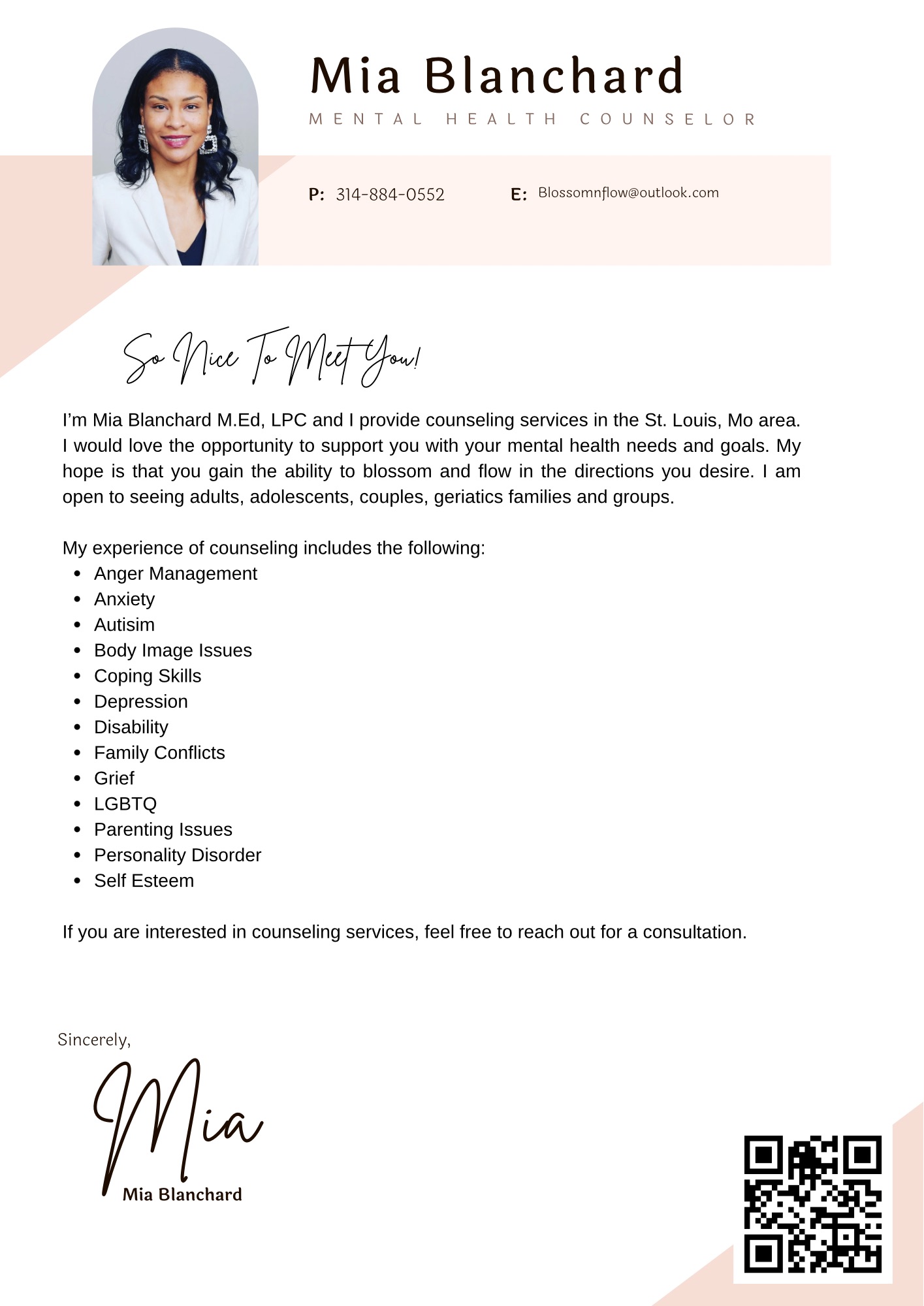  Blossom & Flow Therapy LLC with Mia Blanchard, we provide compassionate and personalized mental health counseling to support individuals on their journey toward healing and growth. 