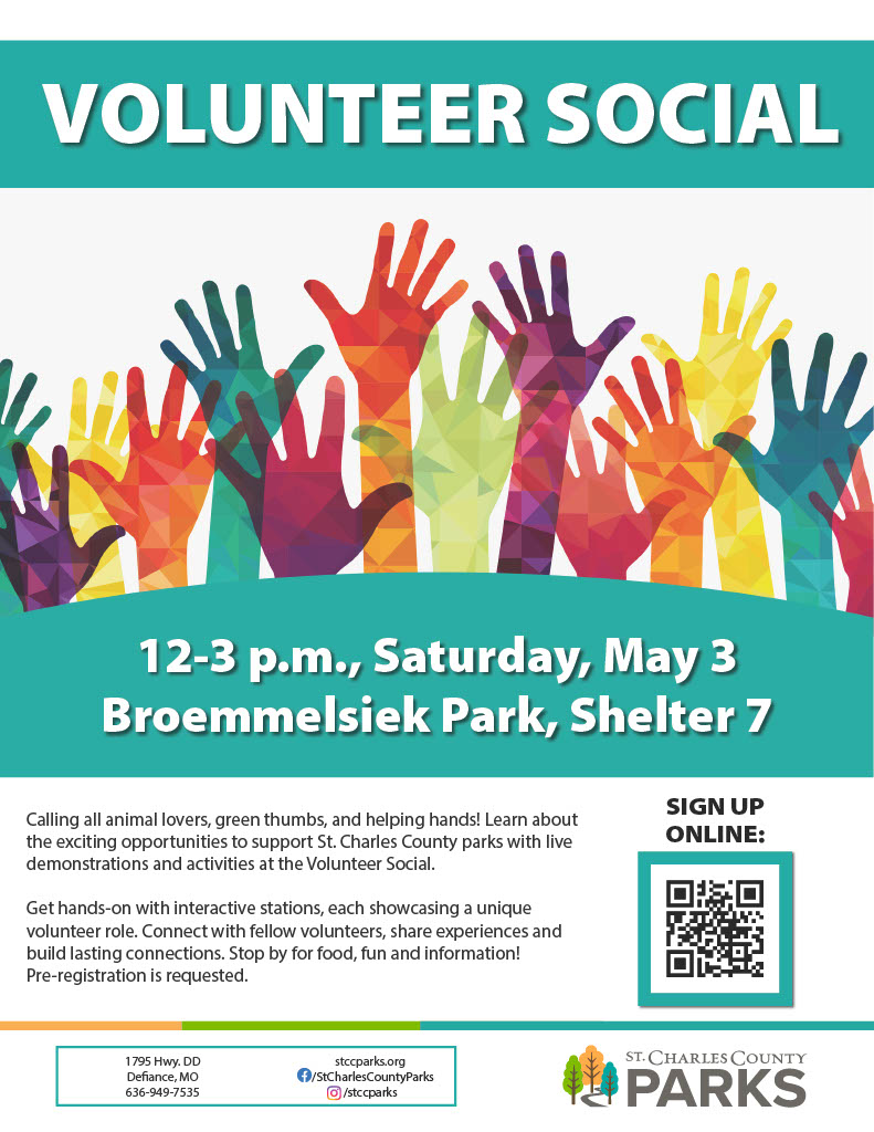 Join the St. Charles County Parks and Recreation for a Volunteer Social Saturday, May 3 at Broemmelsiek Park