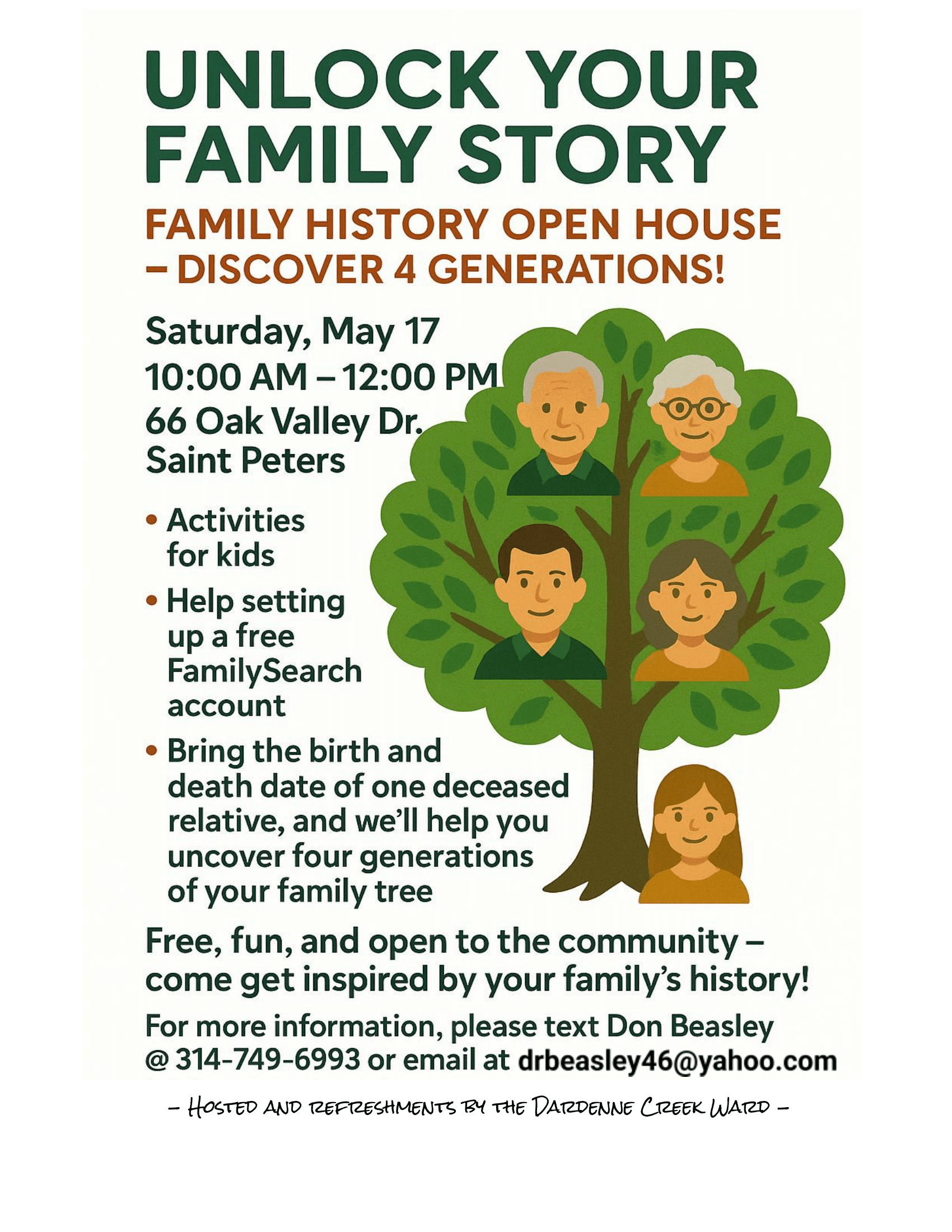 Free family history event! Helping the community find four generations of their family history!