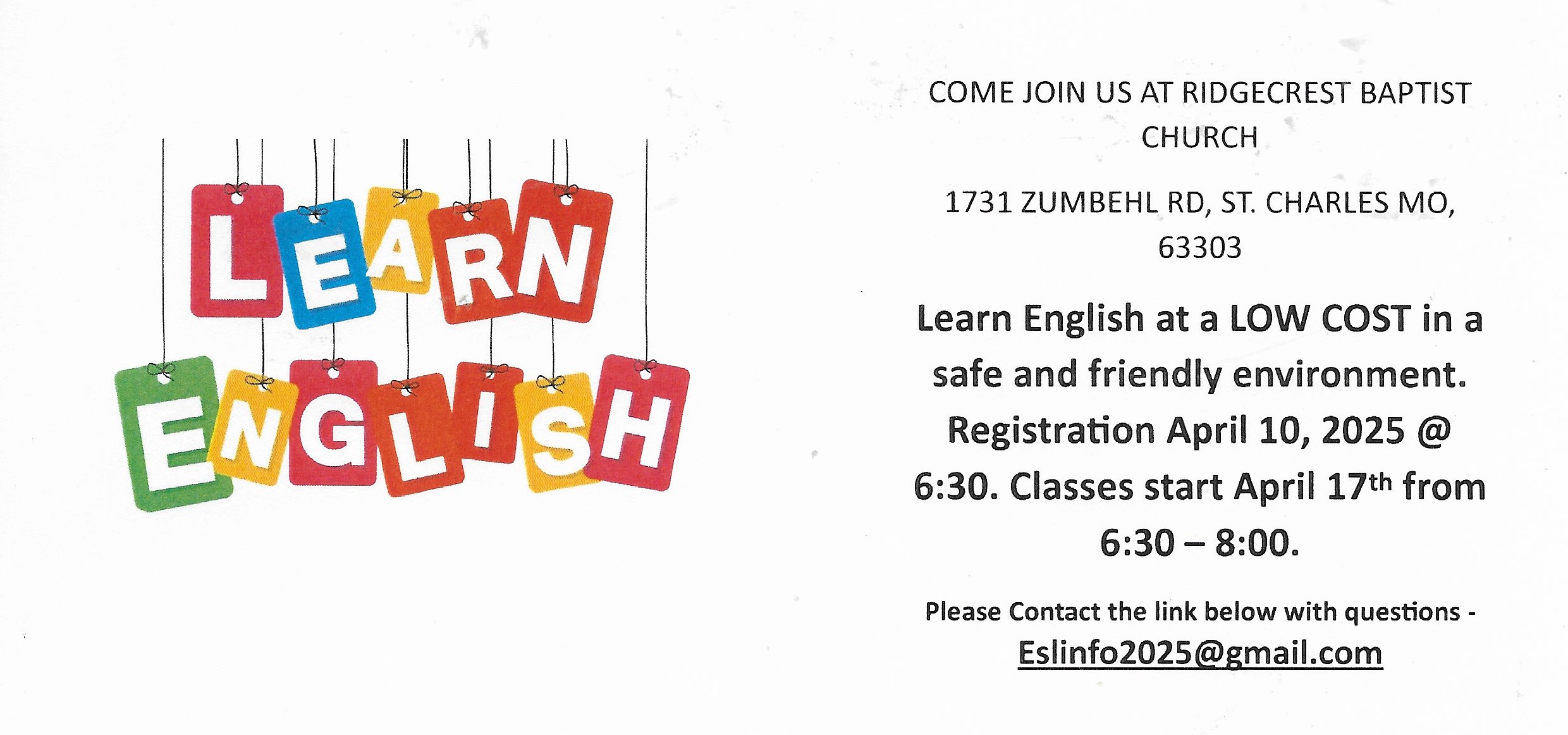 Learn English in a safe and friendly environment with Ridgecrest Baptist Church