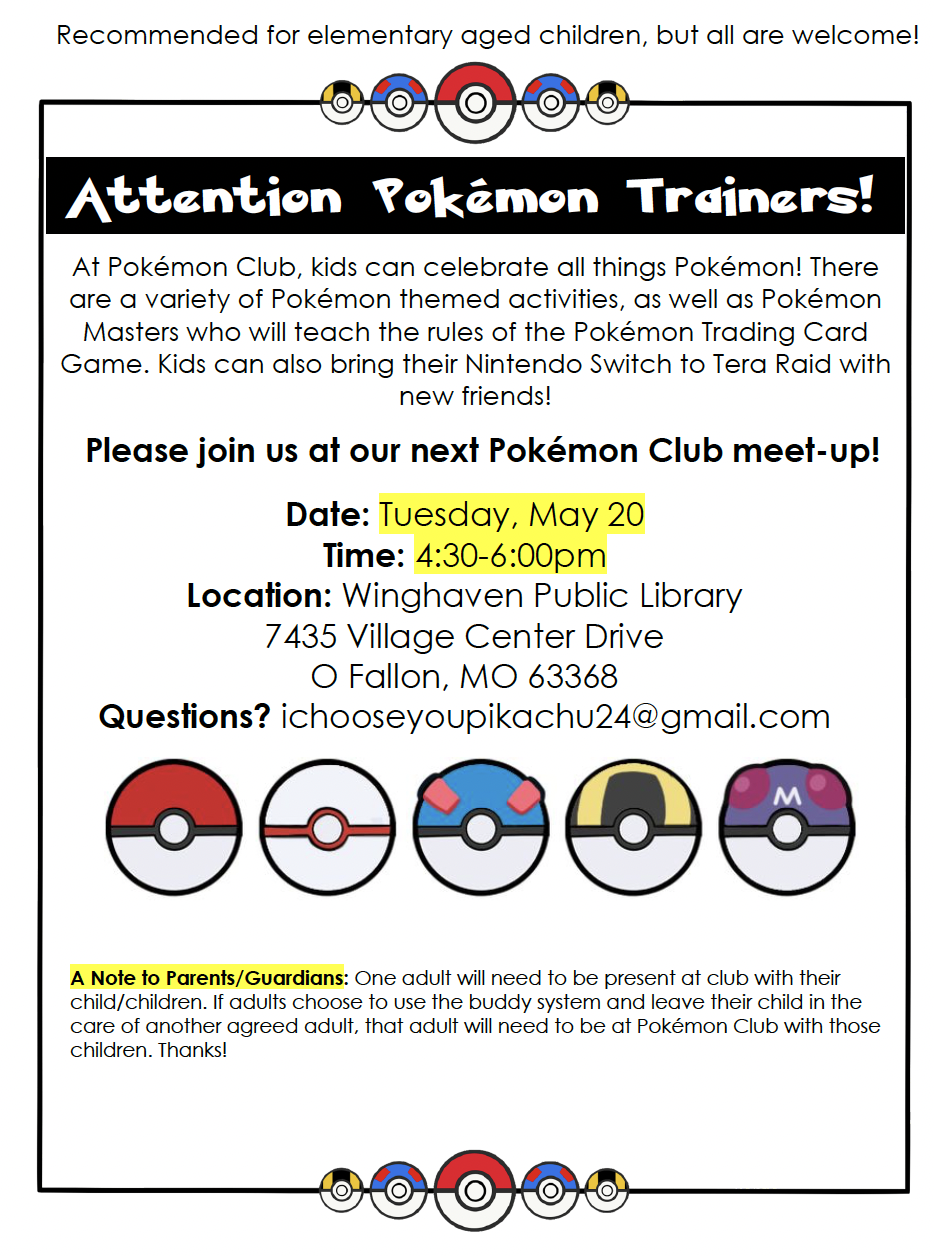 Pokemon Meet Up at Winghaven Branch Tuesday May 20 at 4:30 pm