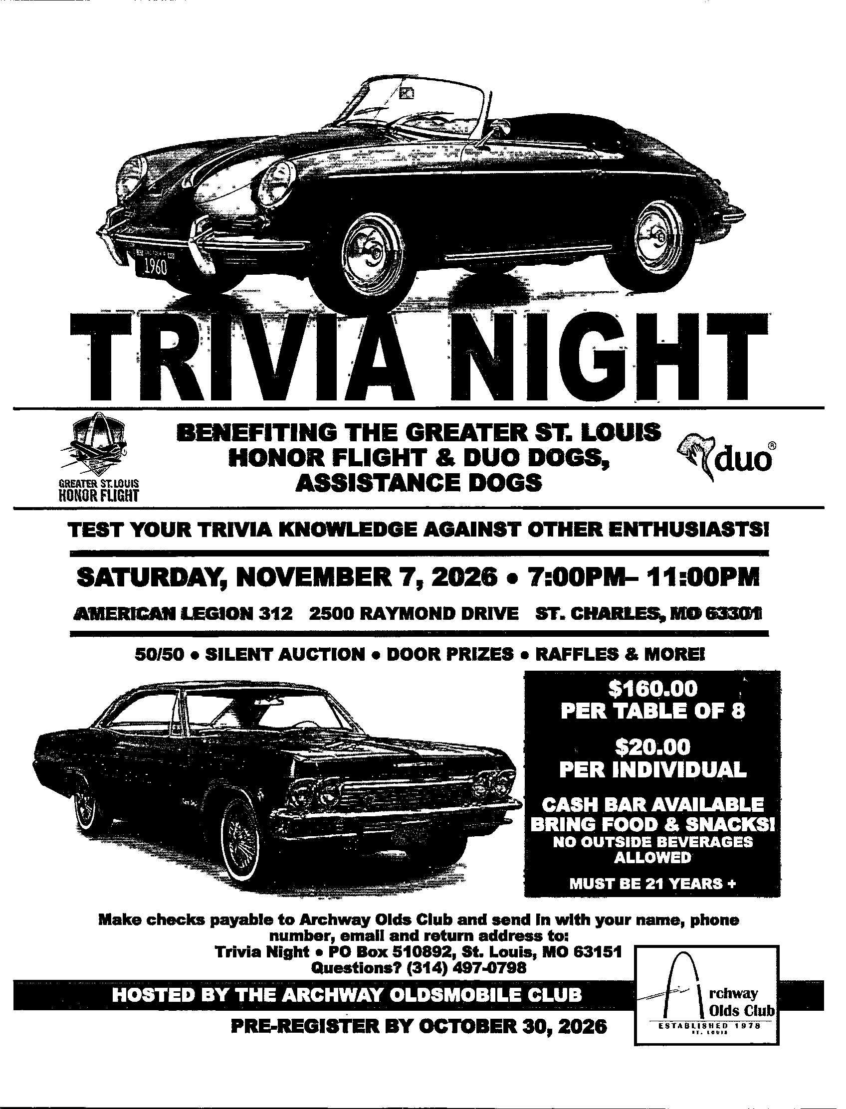 A charity event for the benefit or US Veterans Honor Flight and Duo Dogs (program to provide service dogs to people with disabilities). No reservations needed unless you desire a group table. Individual walk-ins are welcome. Questions may include St. Louis area, current events, cars, etc. No prior knowledge is needed, just a desire to have fun. Includes Silent Auctions, Raffles, and Door Prizes.