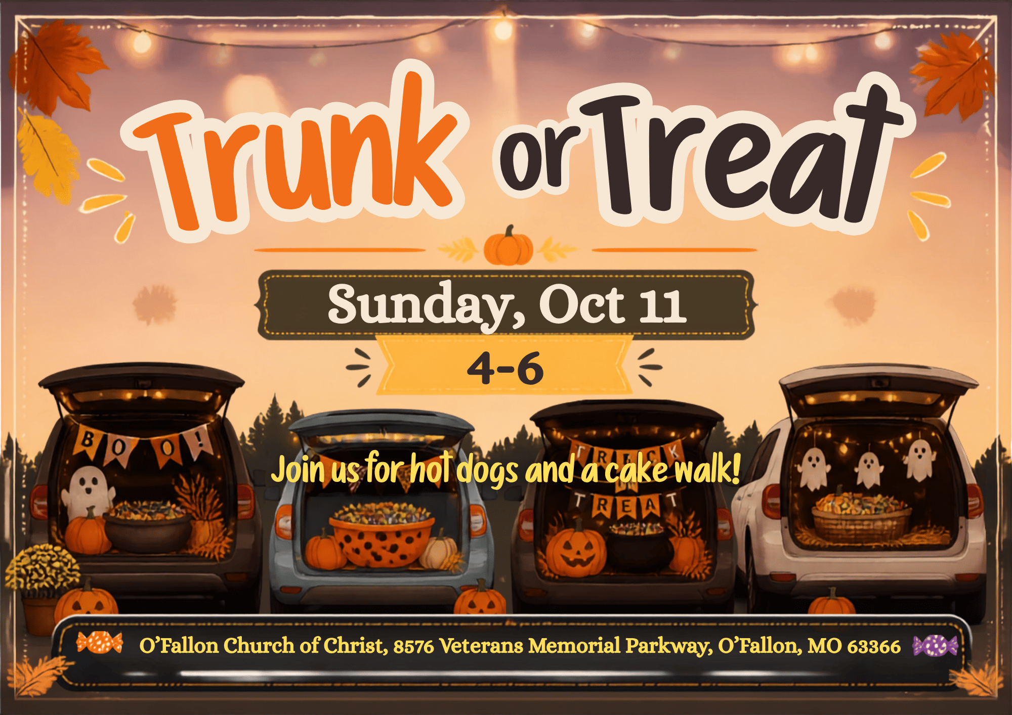 Fall image with the following information: Trunk or Treat Sunday, October 11 from 4-6 pm. Join us for hot dogs and a cake walk! O'Fallon Church of Christ, 8574 Veterans Memorial Parkway, O'Fallon, MO 63366