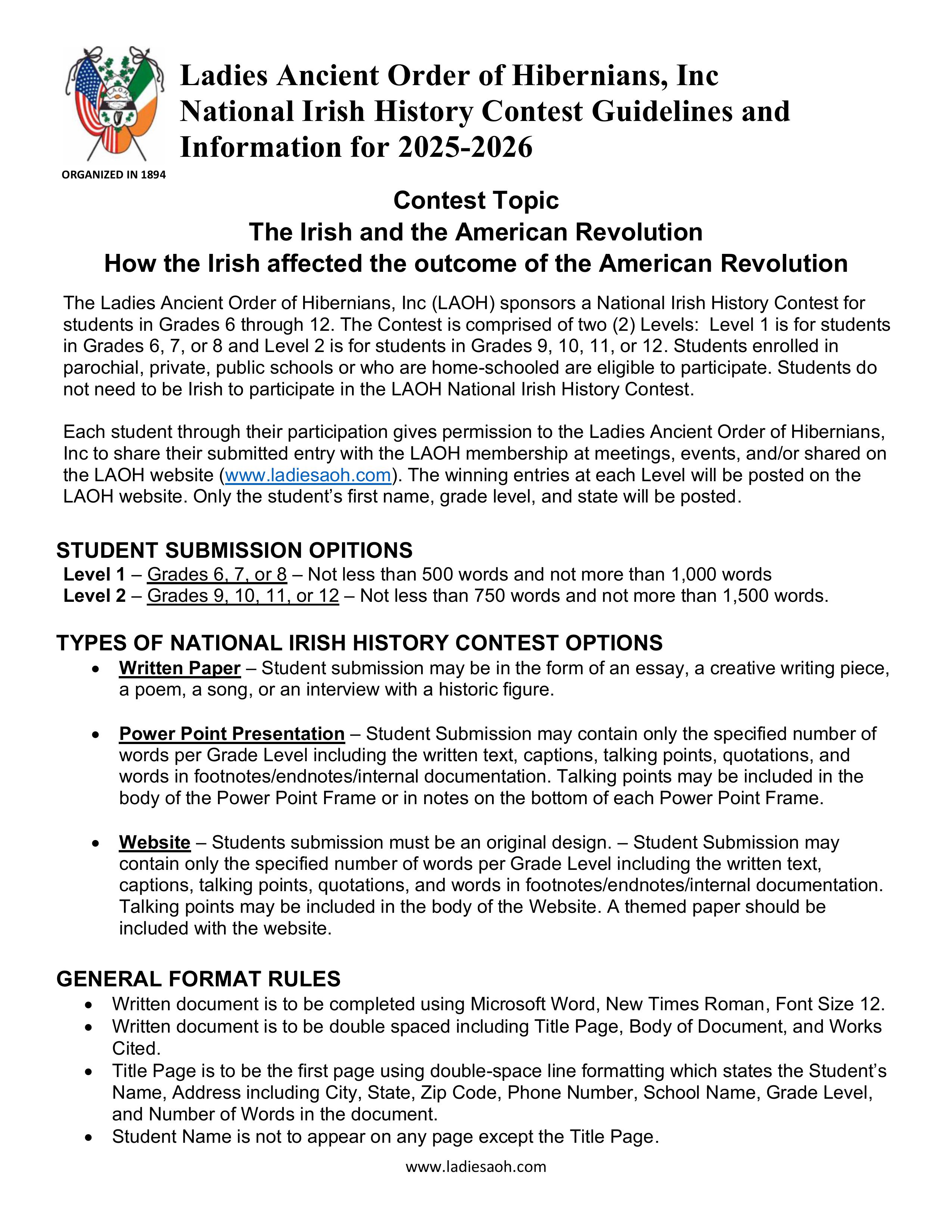 LAOH looking for participants for their National Irish History Contest
