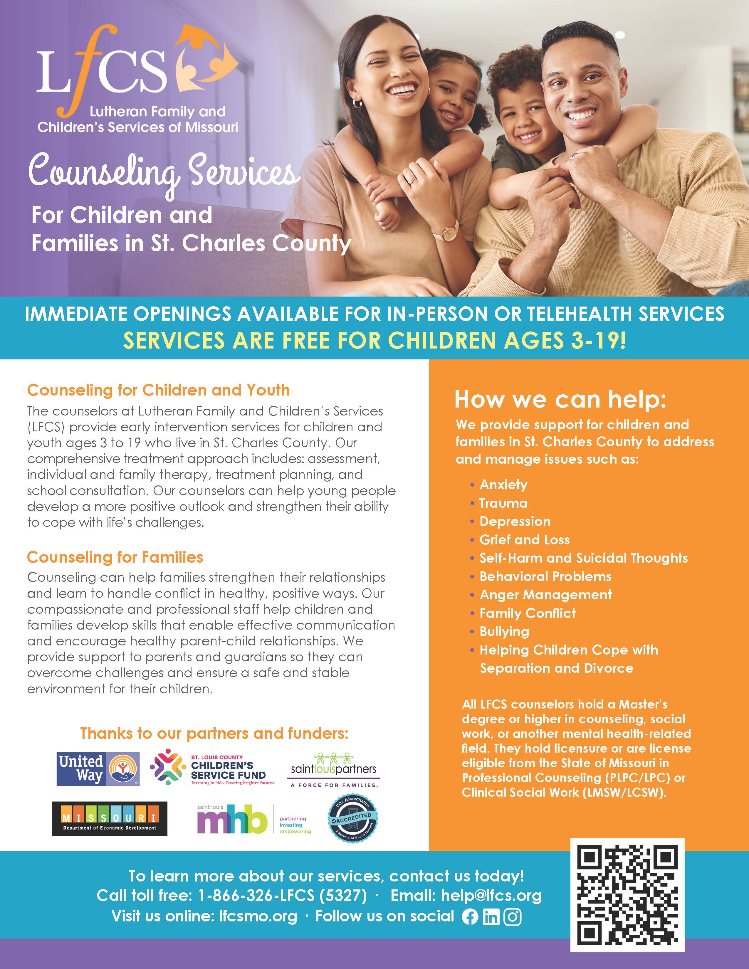 Lutheran Family and Children’s Services provides grant covered counseling for clients ages 3-19 in St Charles County.