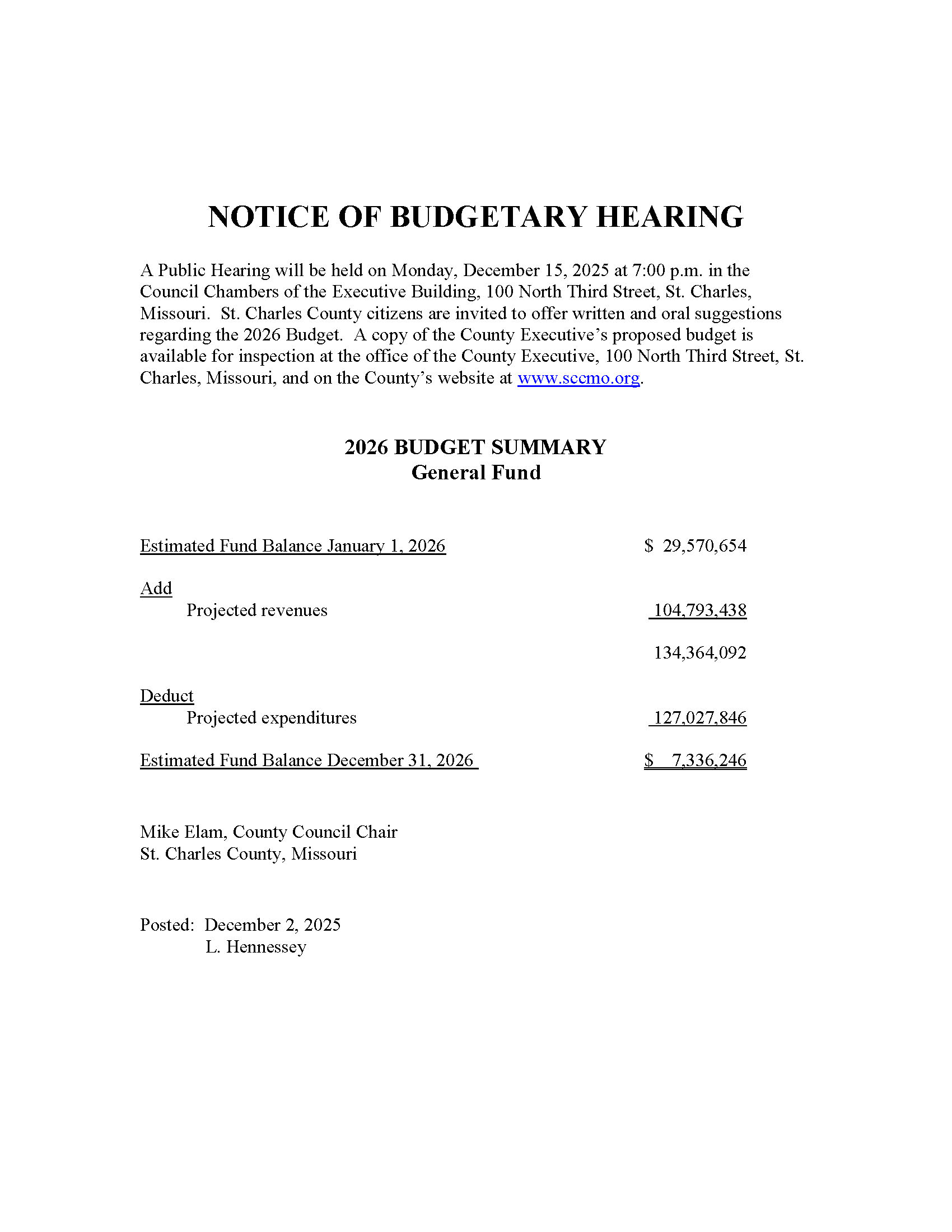 Notice of Budgetary Hearing for St. Charles County