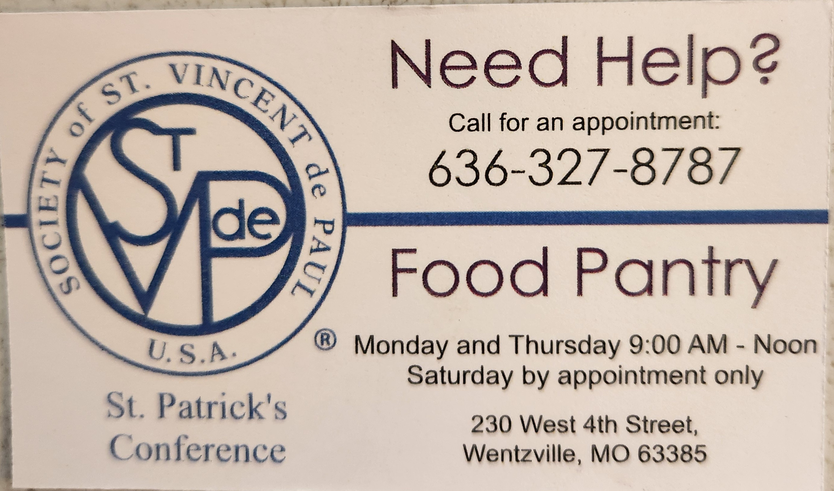 Visit the Society of St. Vincent de Paul's food pantry in Wentzville Missouri