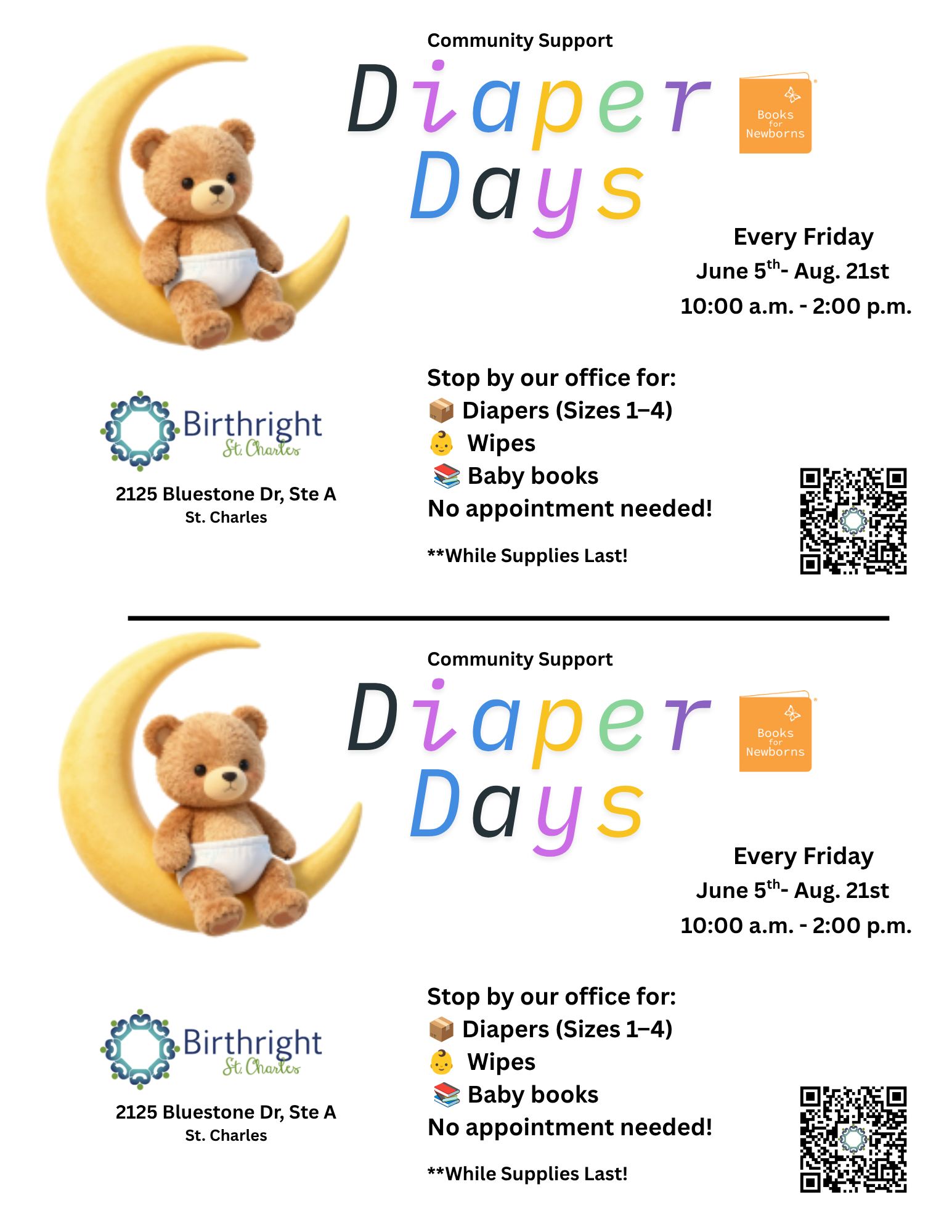 Birthright St. Charles is offering free diapers, wipes, and baby books every Friday from June 5 to August 21