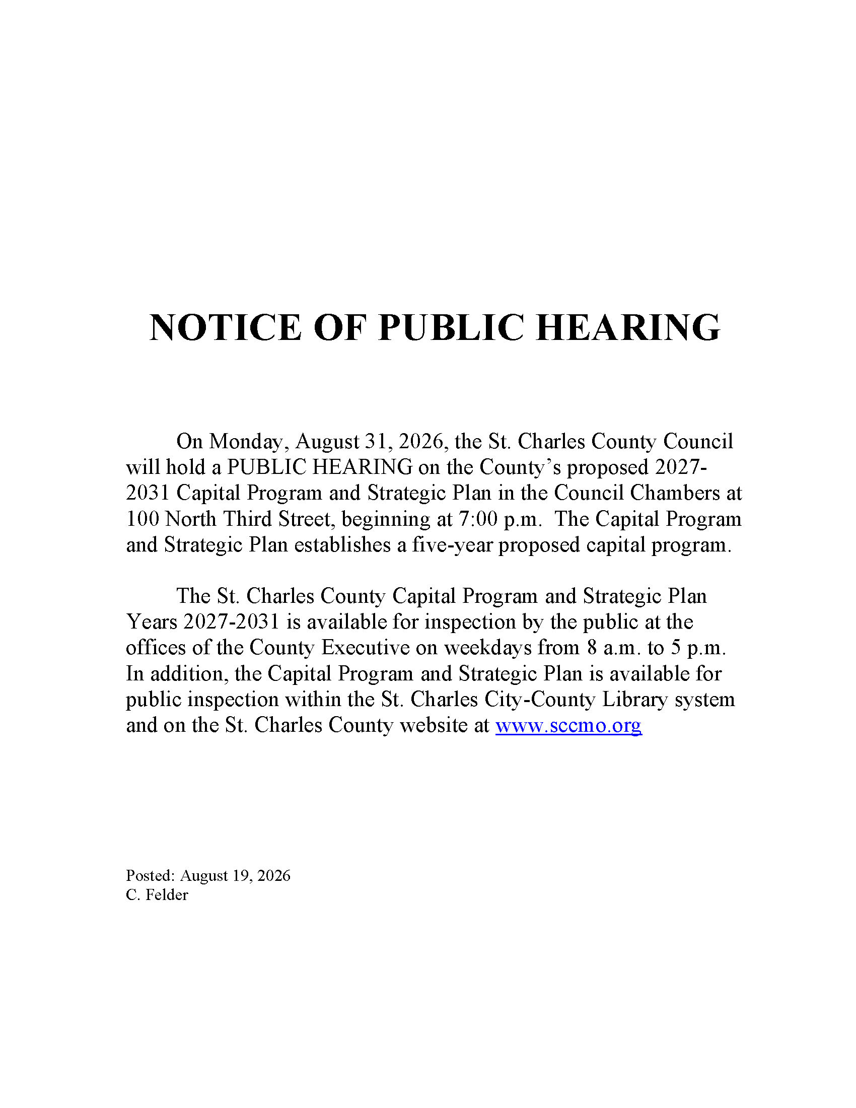 Capital Plan Notice of Public Hearing from the St. Charles County Council