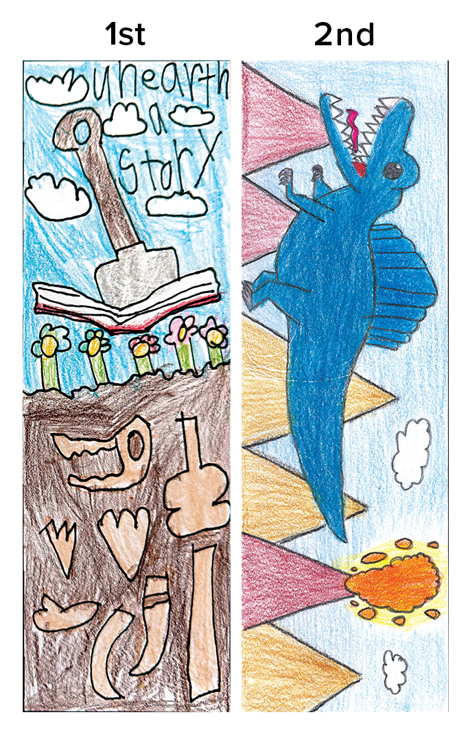 1st place reads Unearth a story with shovel coming out of a book over dinosaur bones and 2nd place is a blue Spinosaurus and a volcano in the background