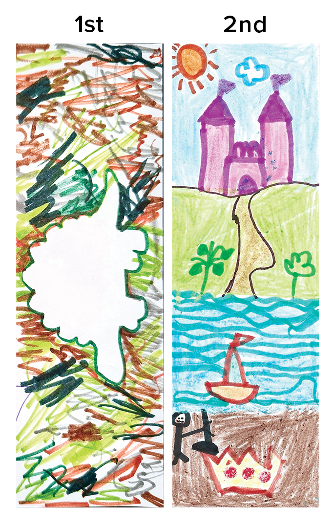 1st place has a drawn silhouette of a stegosaurus surrounded by green scribbles 2nd place depicts a castle and a river with person finding a crown in the ground