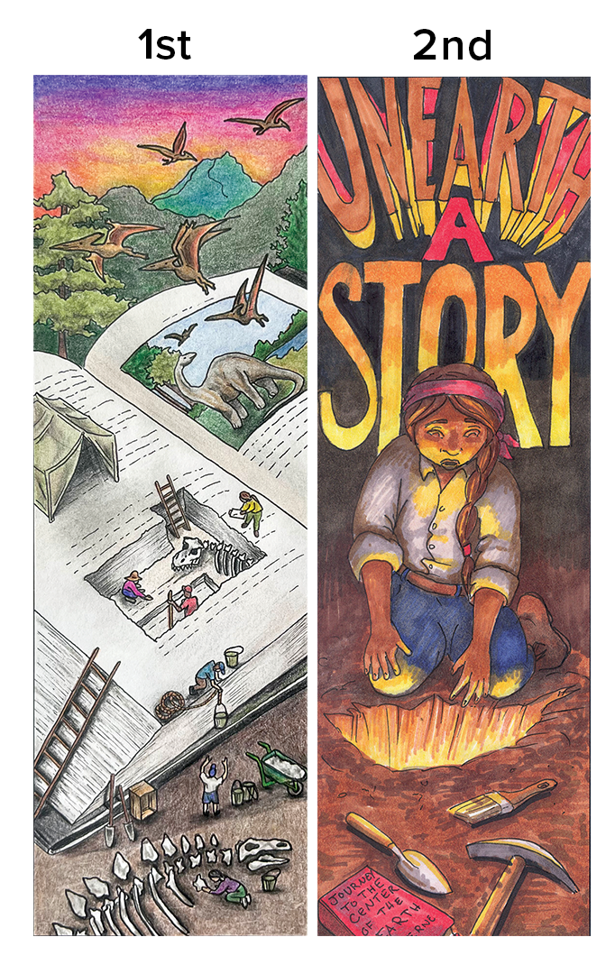 1 place is an open book with information about dinosaurs and a digging site on it's pages and 2nd place has a woman digging and finding treasure