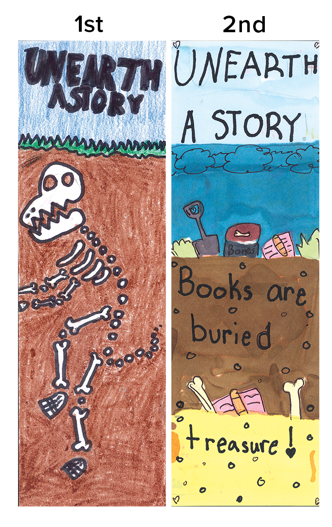 1st place says Unearth a Story over buried dinosaur bones and 2nd place says Unearth a Story Book are buried treasure