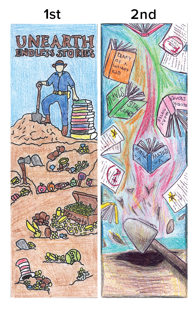 1st place reads Unearth a Story with an person digging for treasure and 2nd place has colorful flying books with a shovel at the bottom