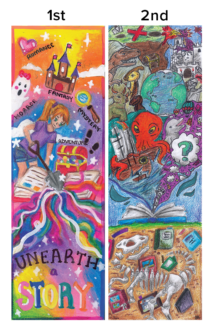 1st place is a rainbow of colors with different book genres saying Unearth a Story at the bottom and 2nd place has a series of different creatures from prehistoric and fantasy with dinosaur bones at the bottom