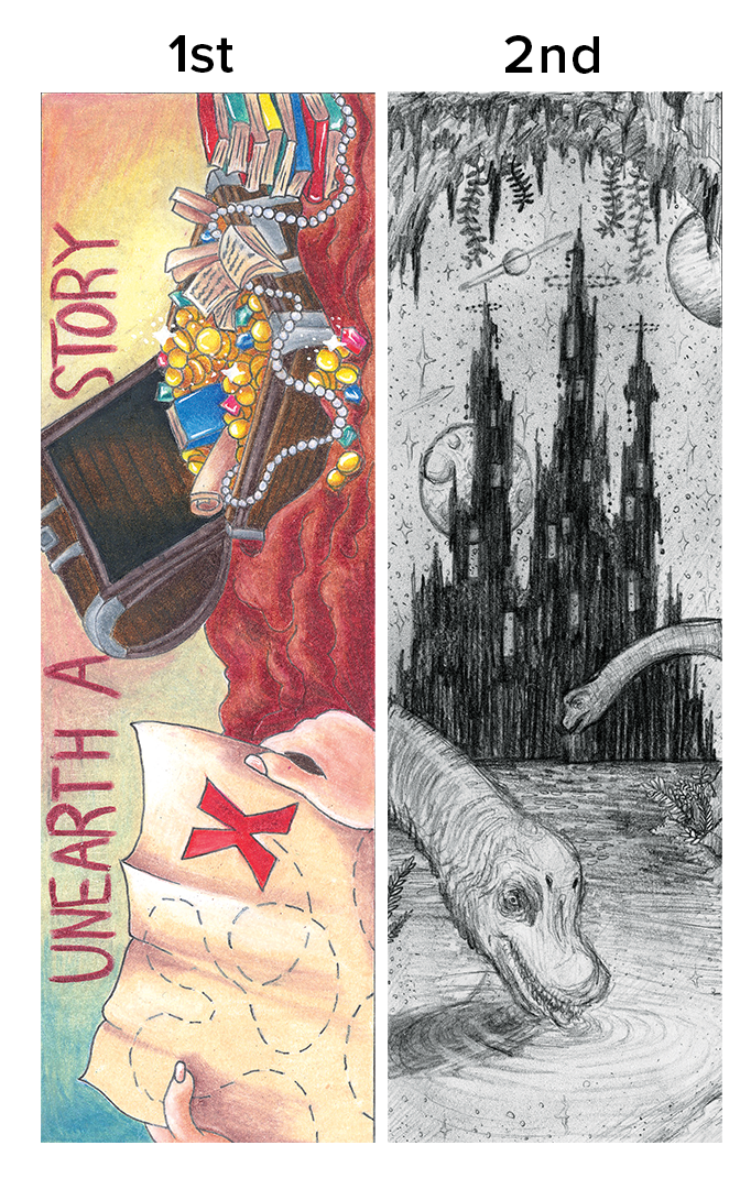 1st place has someone holding a treasure map with an unburies treasure chest and 2nd place is a black and white drawing of a scifi castle and brontosaurus drinking from a lake