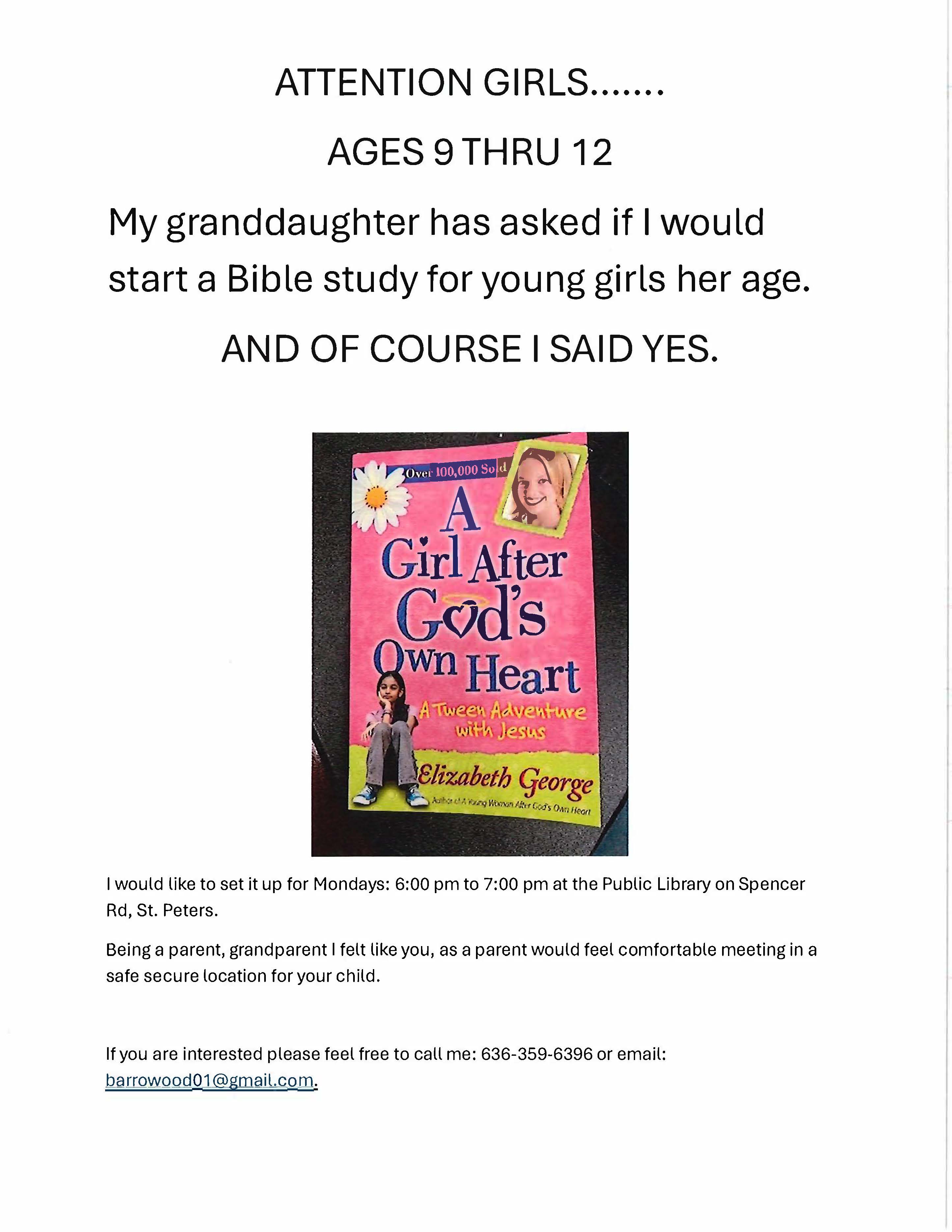 Bible Study for girls aged 9 to 12 at Spencer Road Branch 