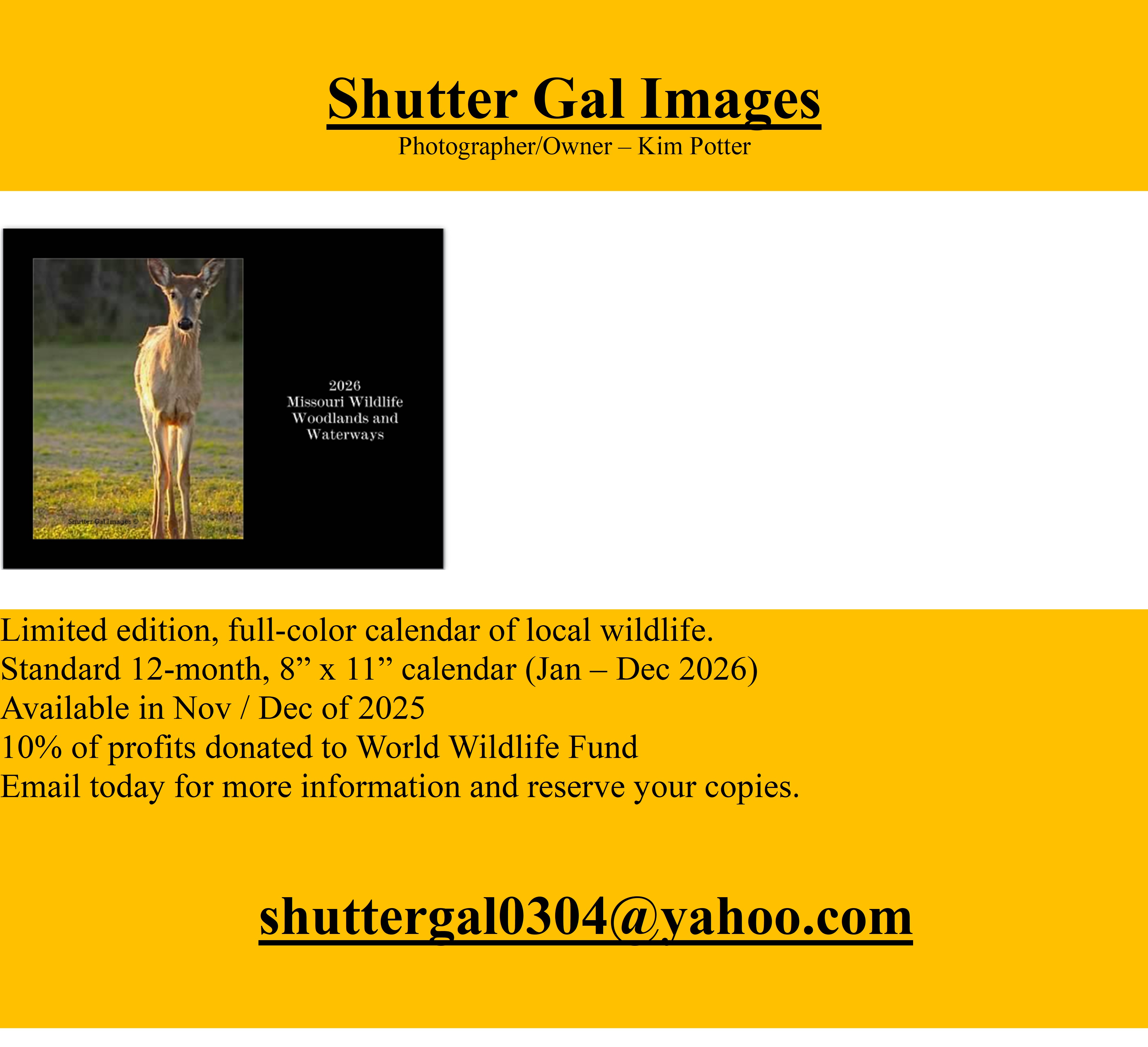 Reserve a copy of a 2026 wildlife calendar with photos by Kim Porter