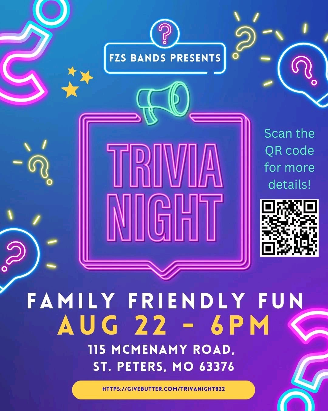 Trivia fundraiser for the Fort Zumwalt South High School Marching Band August 22