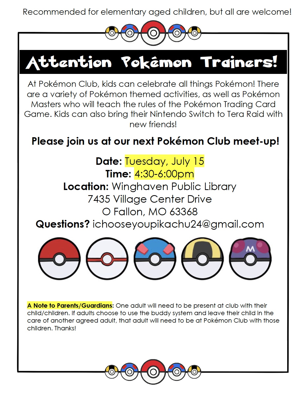 Pokemon Club at WingHaven Branch July 15