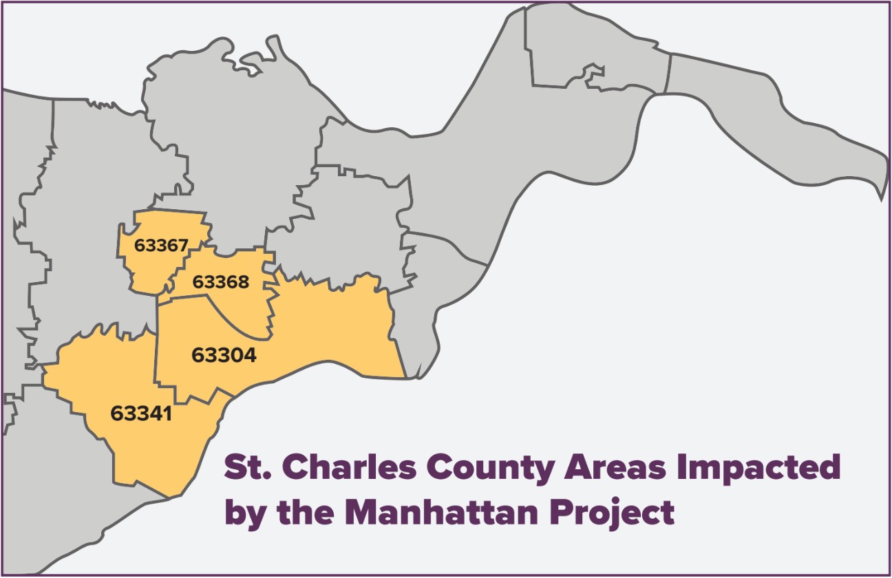 St. Charles County Map highlighted with the impacted areas of the Manhattan Project