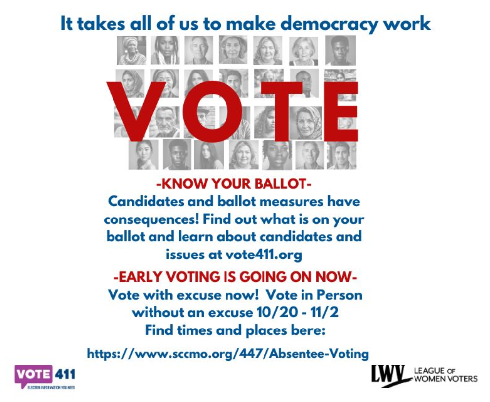 League of Women Voters want you to know that Early no-excuse voting for the Midterms starts Tuesday October 20