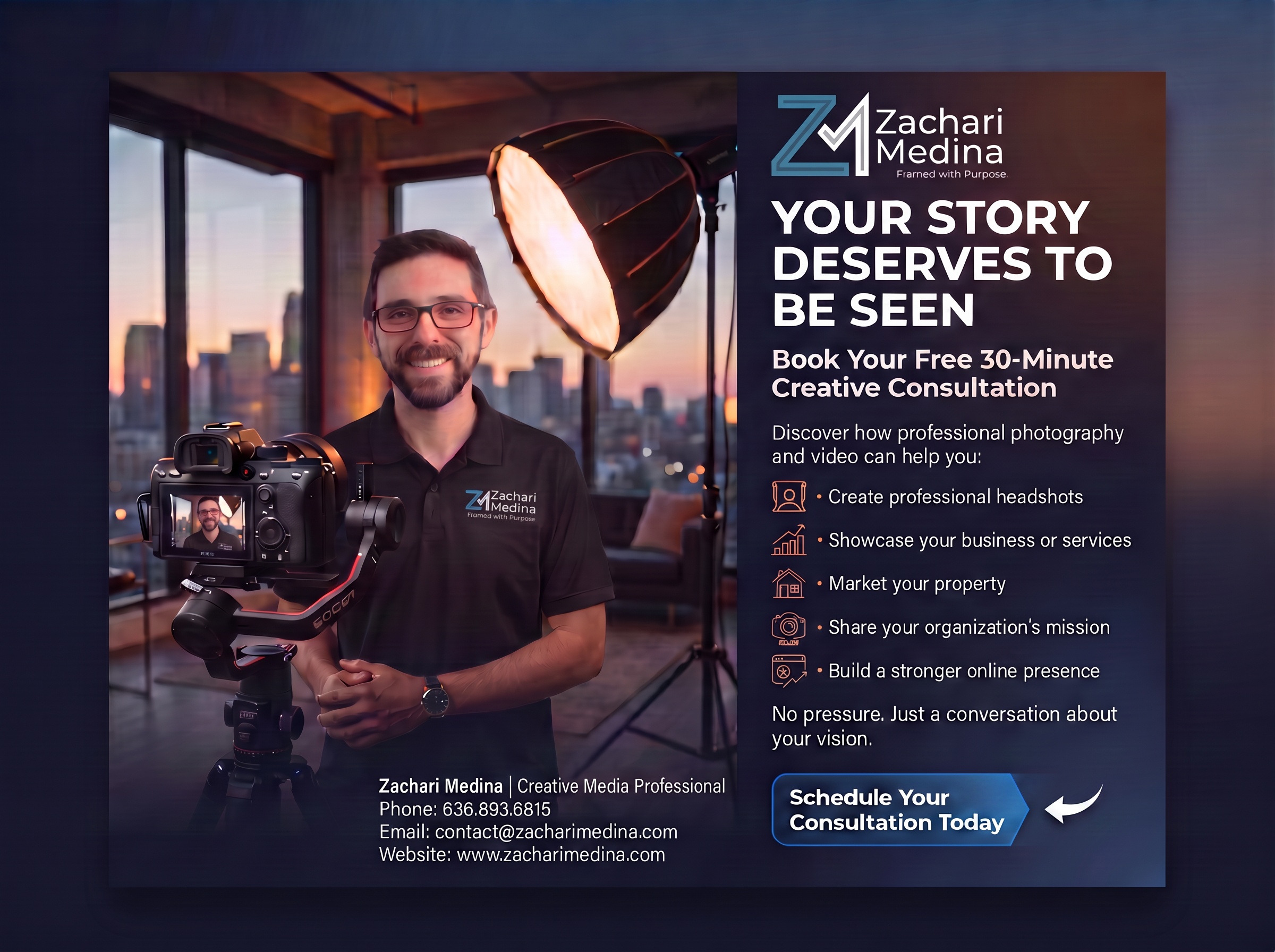 My name is Zachari Medina, and I am a Creative Media Professional passionate about helping individuals, businesses, nonprofits, and community organizations bring their stories to life through photography and video.