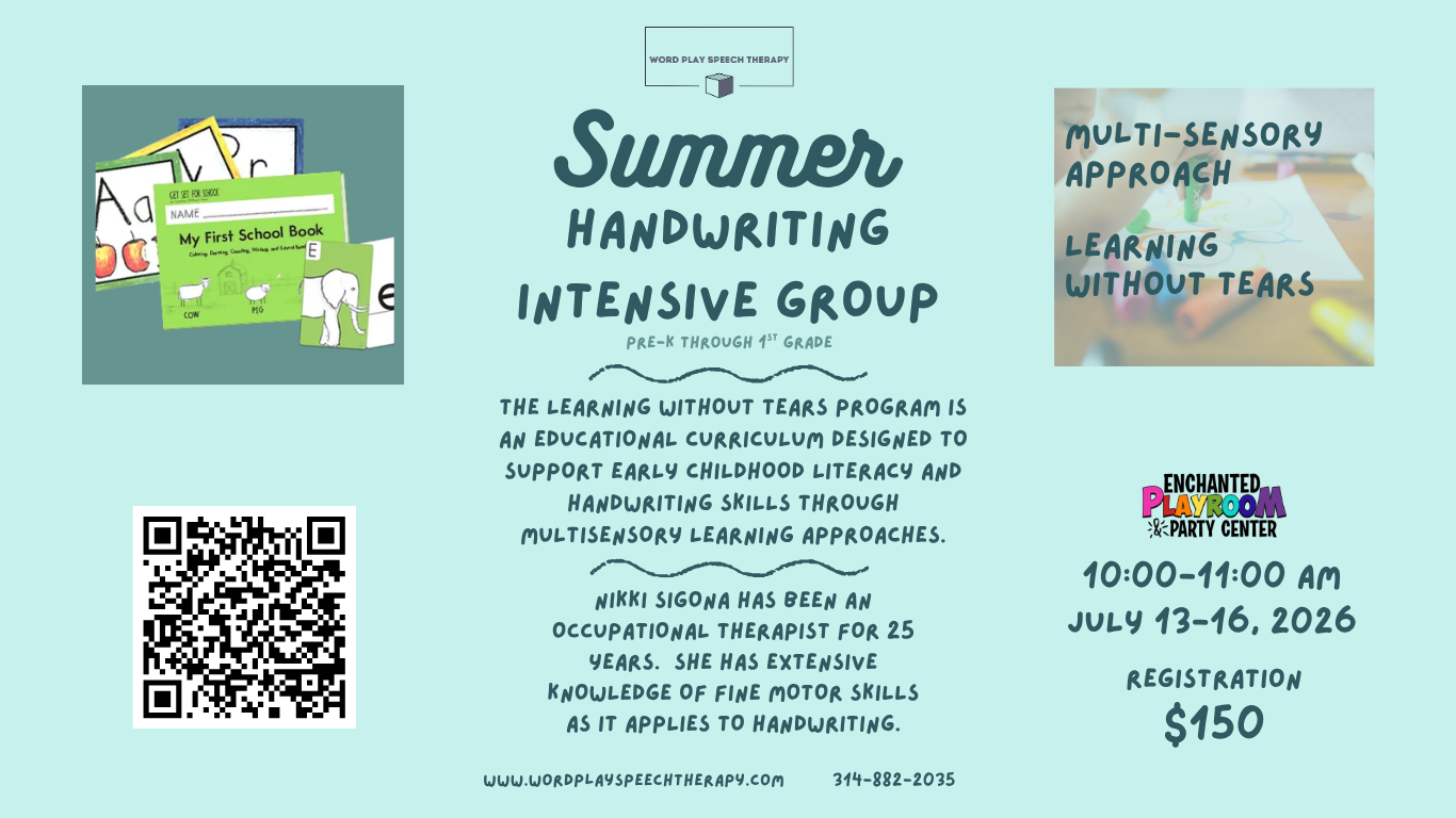 Summer Handwriting Intensive Group is for Pre-K through 1st Grade. The Learning without Tears program is an educational curriculum designed to support early childhood literacy and handwriting skills through multi-sensory learning approaches