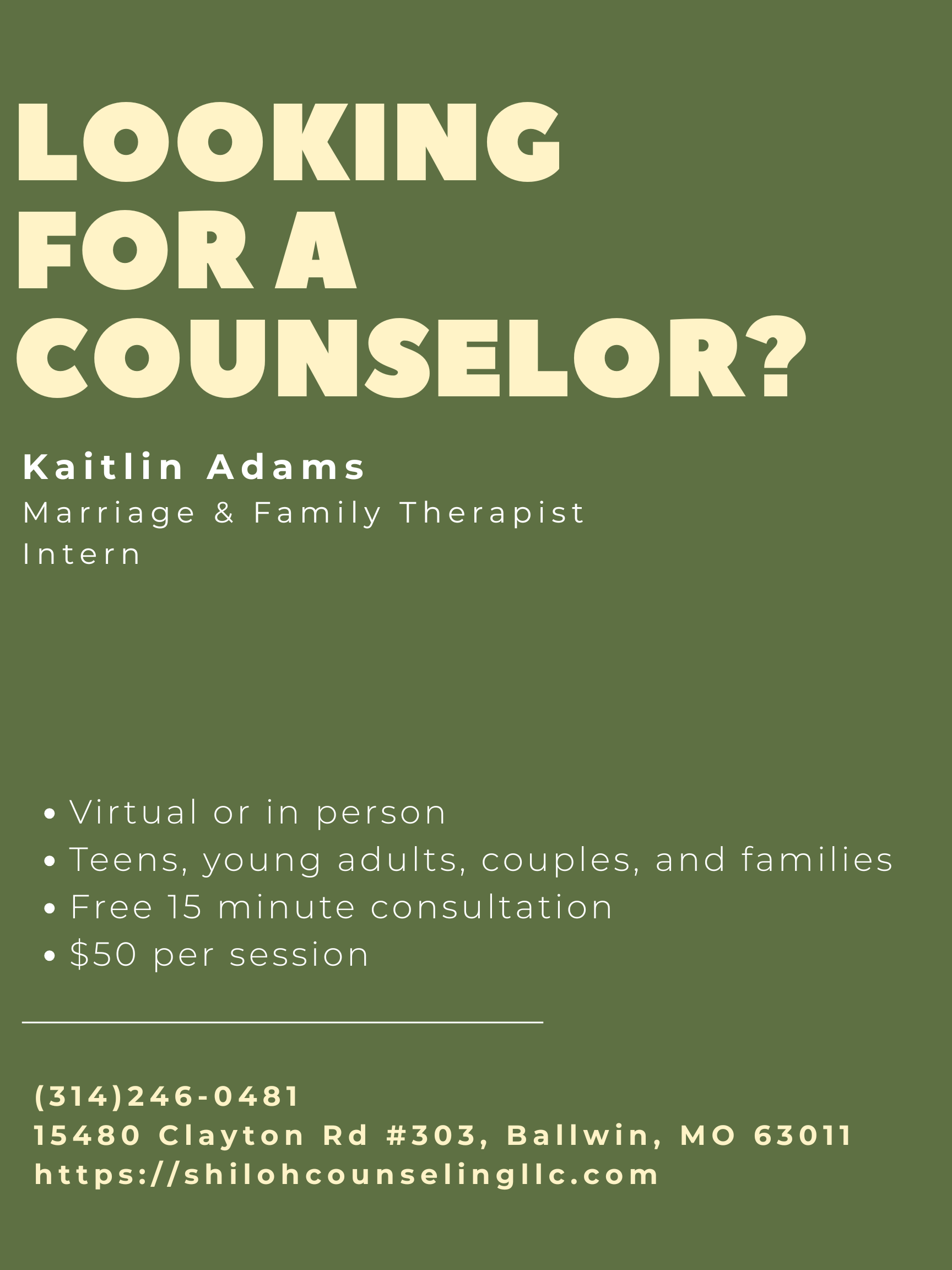 Kaitlin Adams is an grad school intern at Shiloh Counseling and is offering new clients a discounted rate.