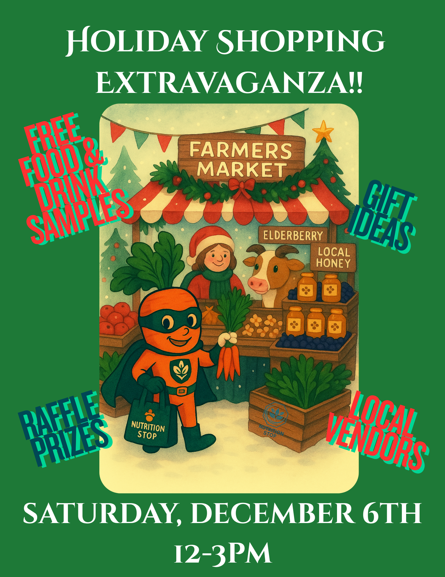 Holiday shopping event featuring local vendors selling organic food and handmade crafts. Lots of free samples of food and beverages.