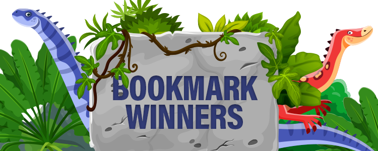 Dinosaurs peeking out behind a large rock with the words Bookmark Winnders
