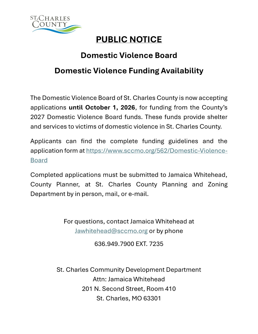 St. Charles County Domestic Violence Board are now accepting applications from Non-profits that assist survivors of Domestic Violence, applications closes October 1