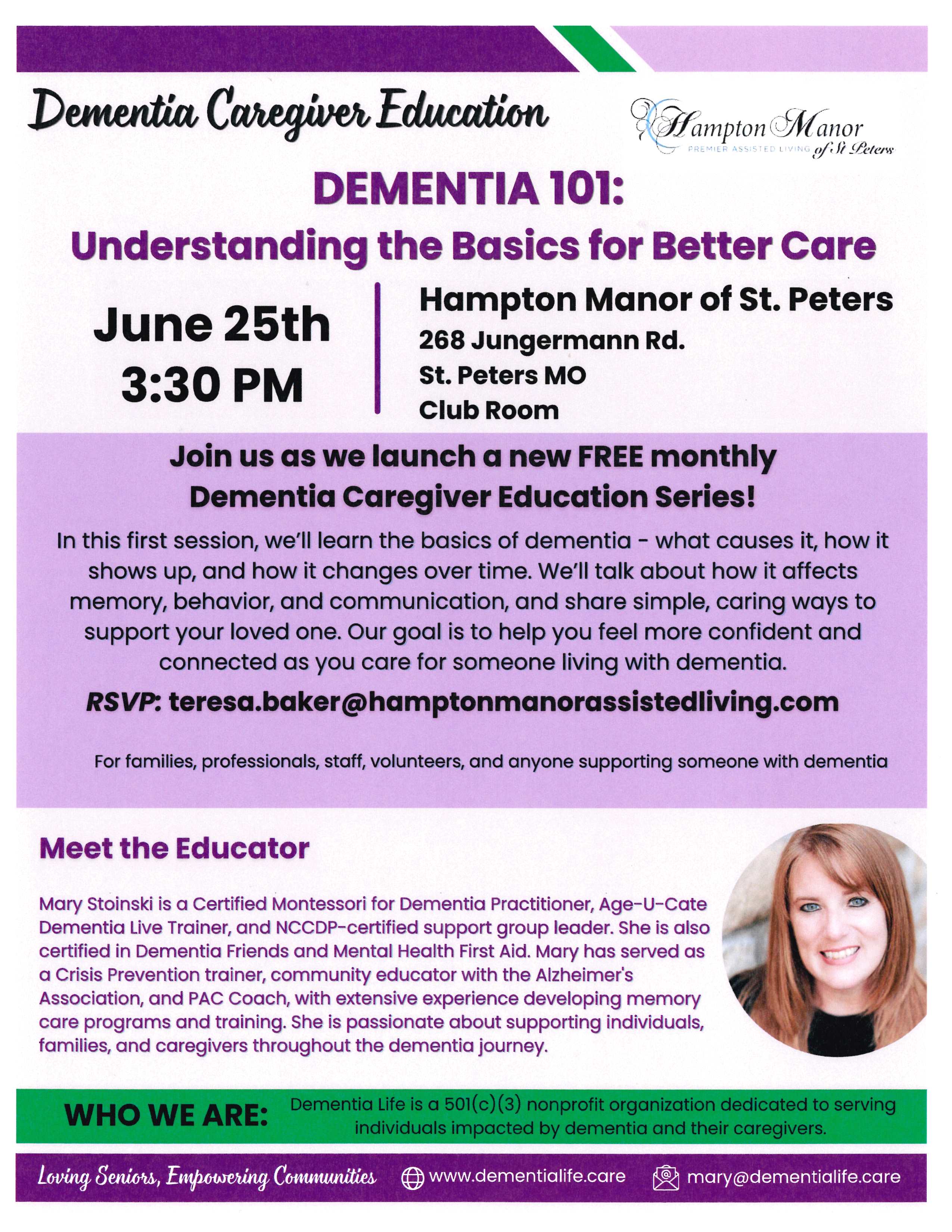 Hampton Manor of St. Peters is hosting a program for Dementia 101 Understanding the Basics for Better Care on June 25