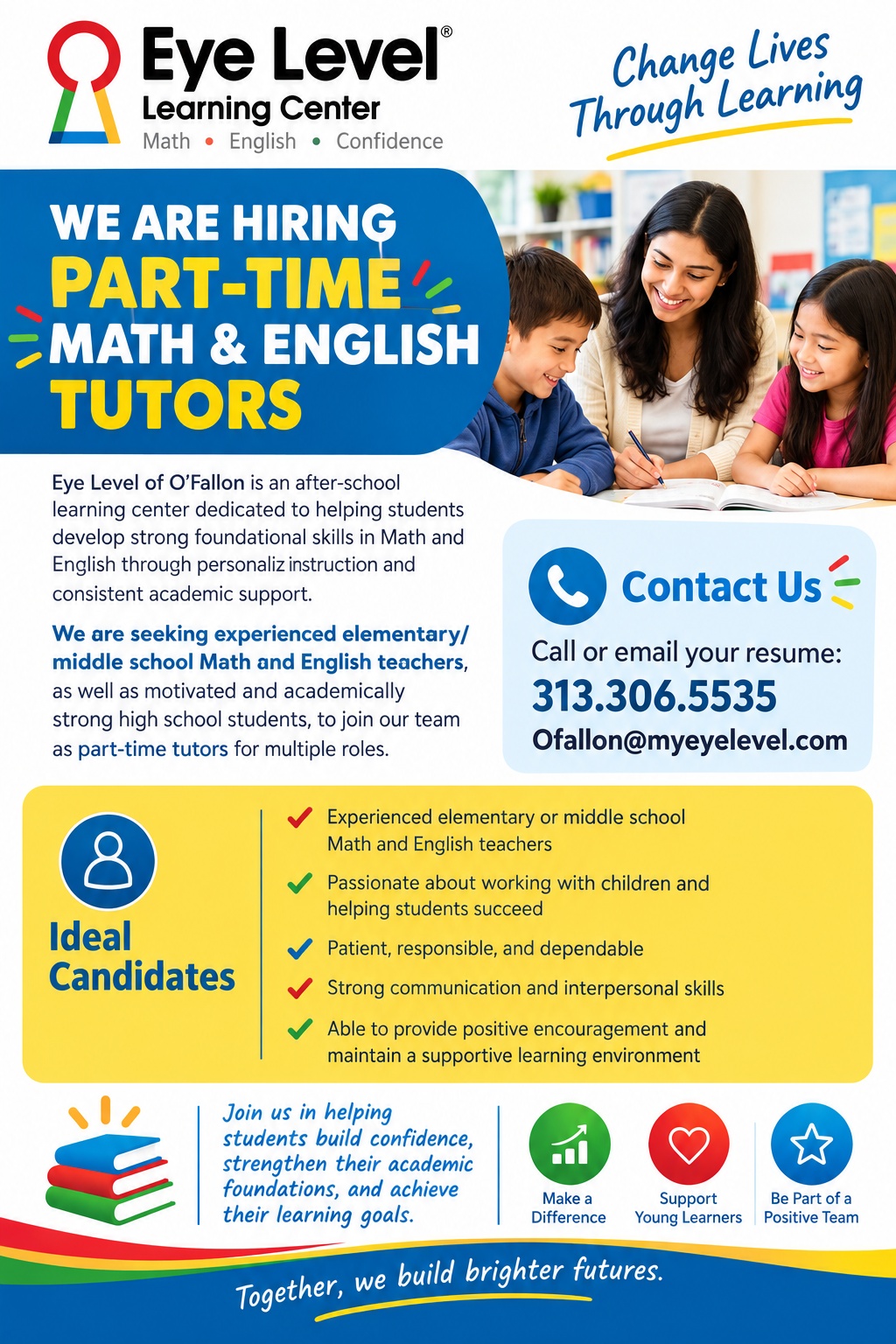 Eye Level of O’Fallon is an after-school learning center dedicated to helping students develop strong foundational skills in Math and English through personalized instruction and consistent academic support. We are seeking experienced elementary/middle school Math and English teachers, as well as motivated and academically strong high school students, to join our team as part-time tutors.
