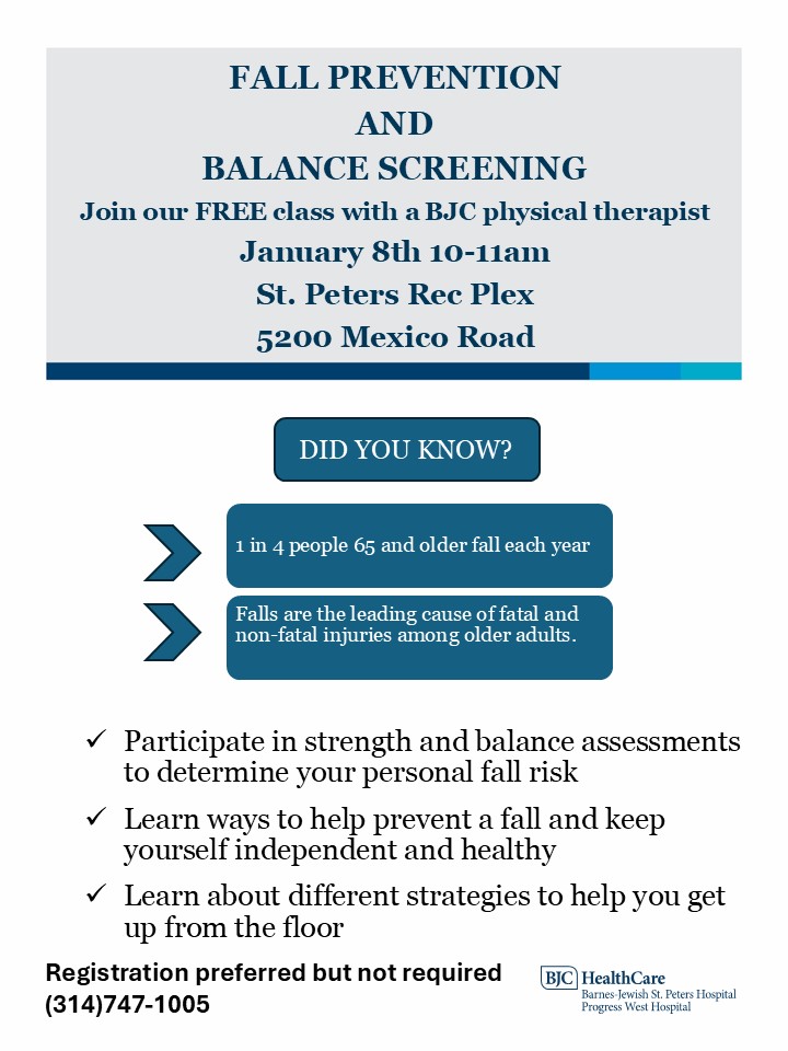 Fall Prevention and Balance Screening with BJC January 8 at the St. Peters Rec Plex