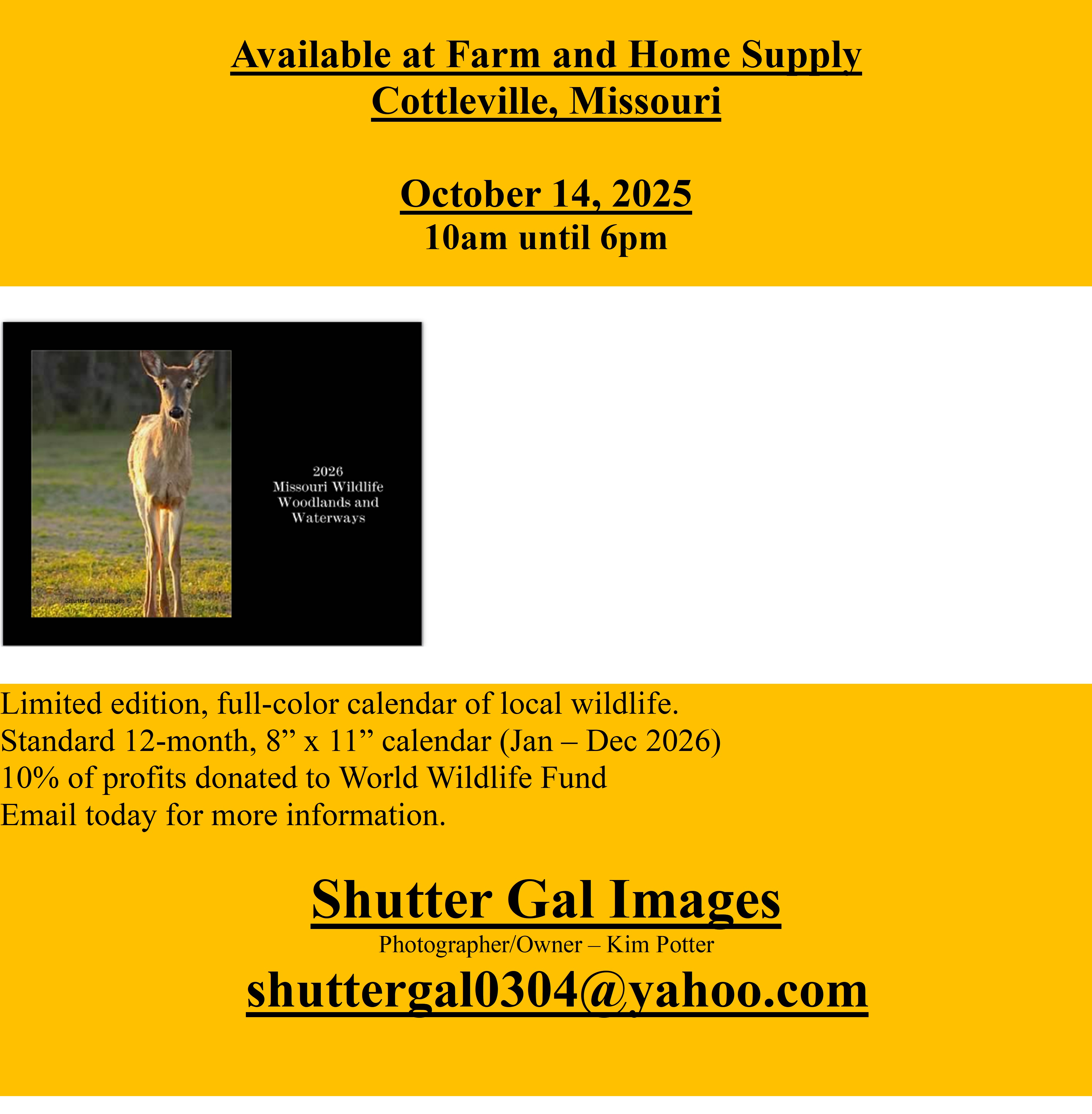 Limited edition, full color calendar of local wildlife by Kim Potter