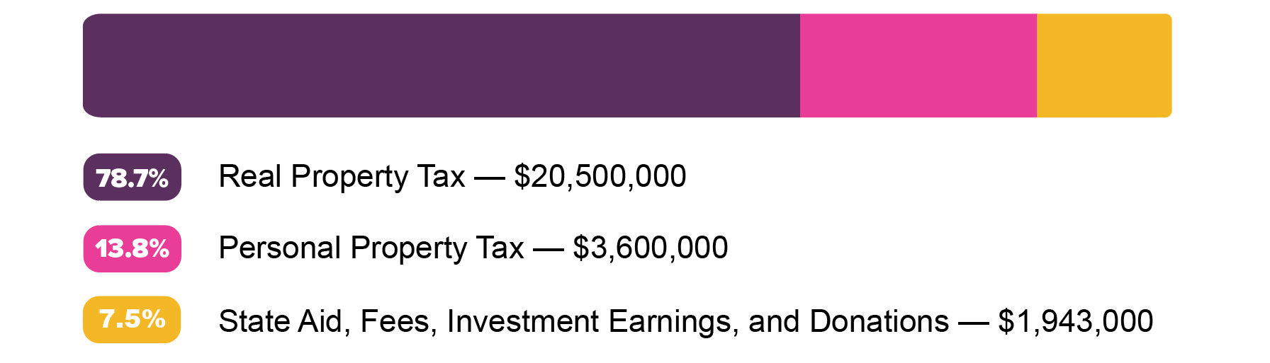 Bar graph break down of revenue the library receives from taxes. Starting with 78.7% Real Property Tax ($20,500,00), 13.8% Personal Property Tax (3,600,000), and 7.5% State Aid, Fees, Investment Earnings, and Donations ($1,943,000)