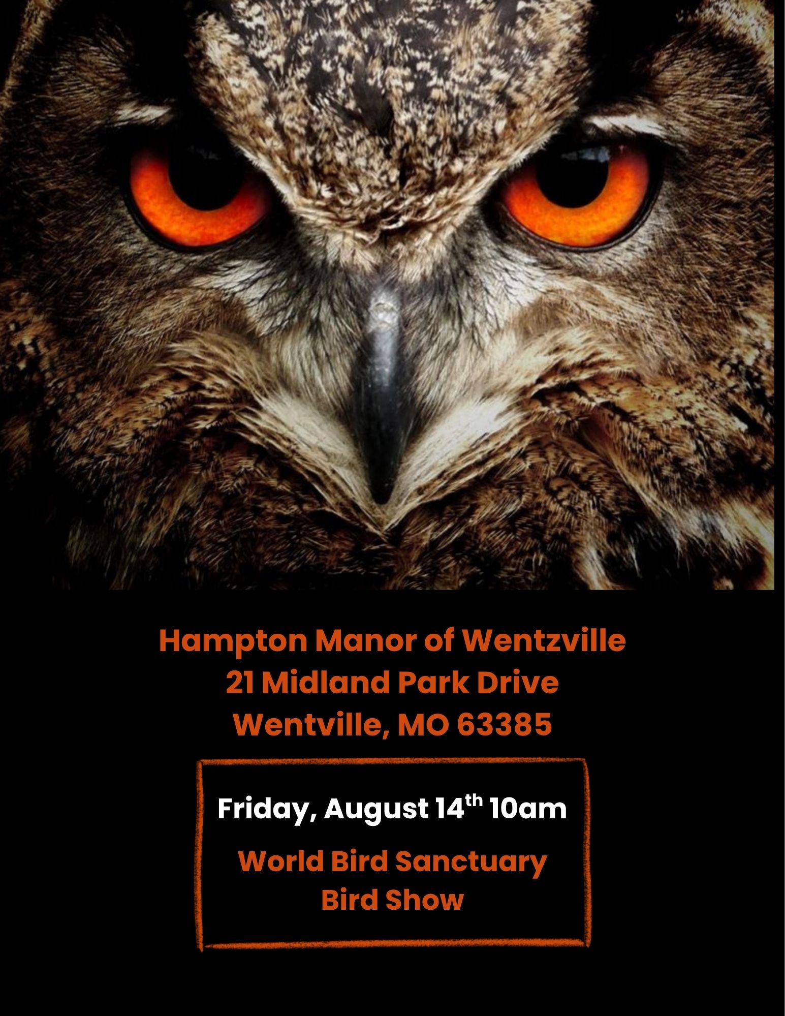 Hampton Manor are hosting a program with World Bird Sanctuary on August 14th at 10 am