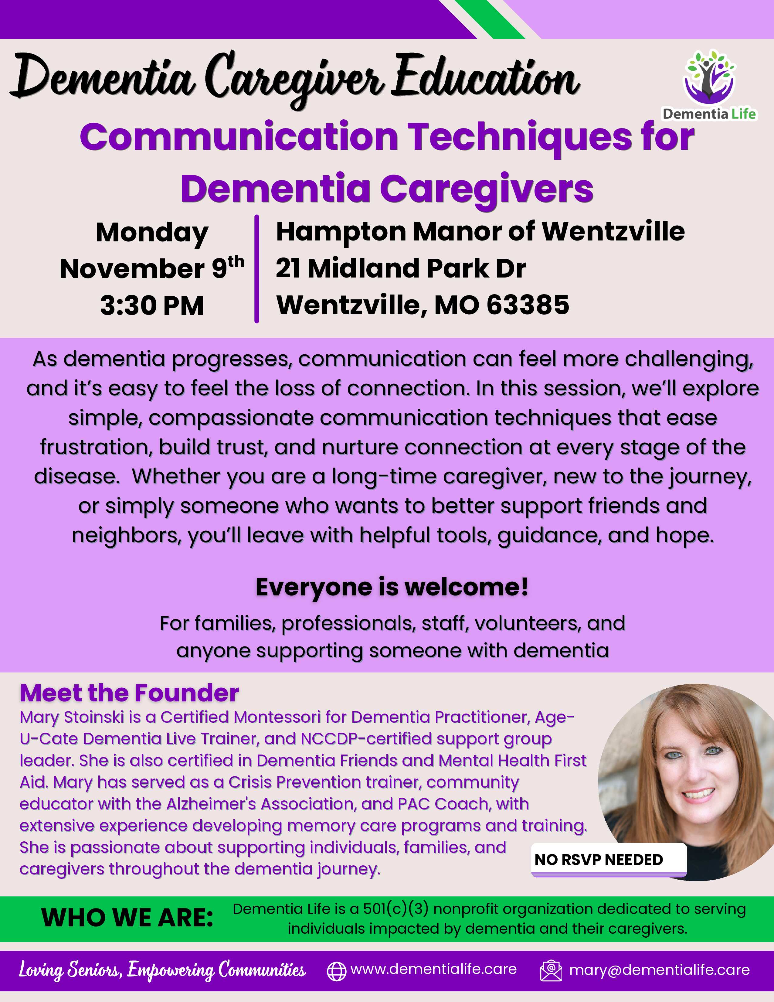 Dementia Caregiver Education at Hampton Manor of Wentzville on Novemeber 9 at 3:30 pm