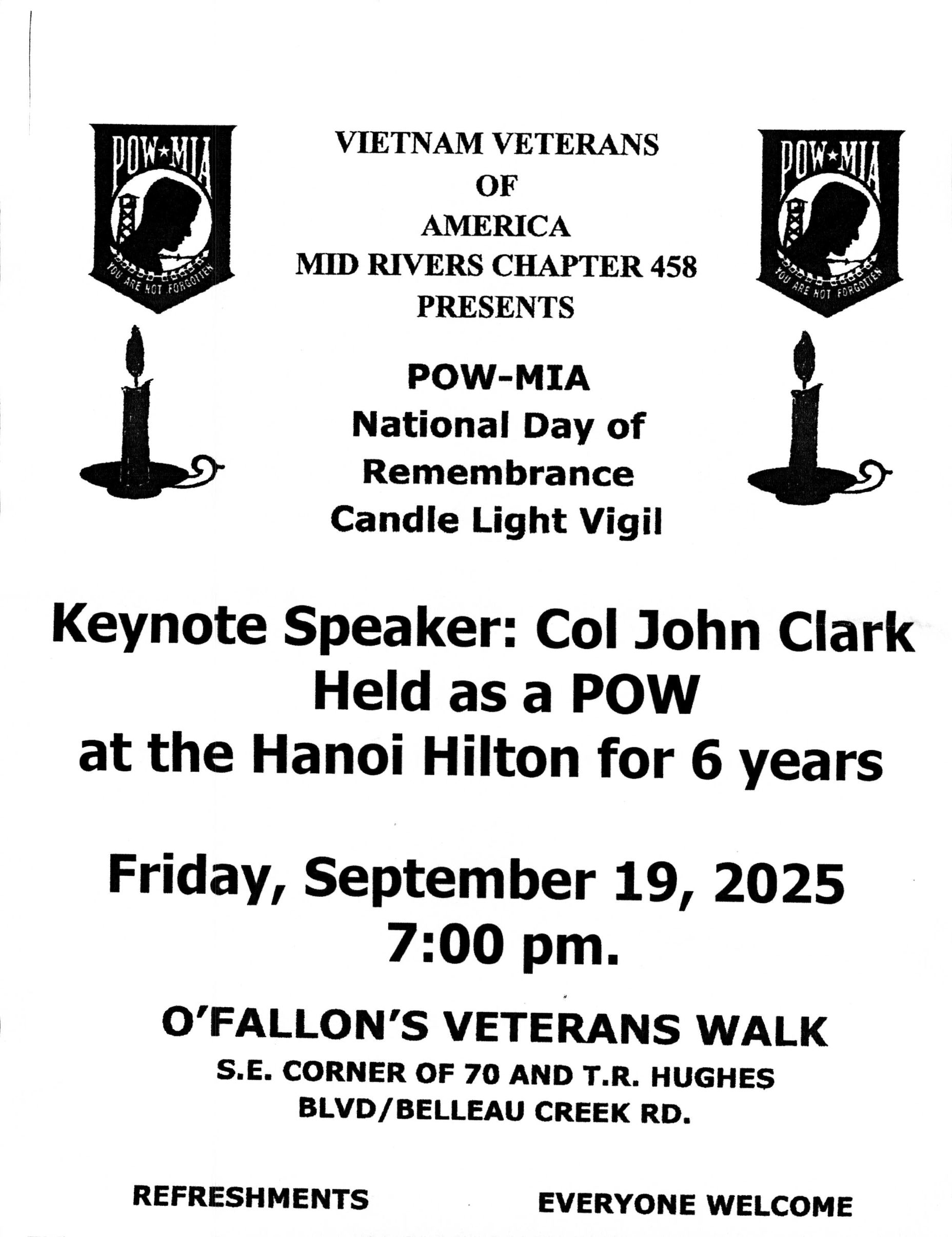 Vietnam Veterans of America Chapter 458 presents Candle Vigil  at the Hanoi Hilton Sept. 19