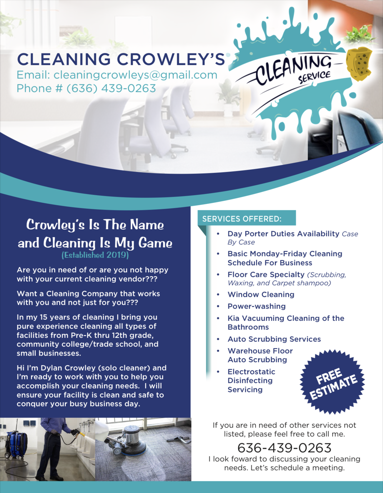 Cleaning Crowley's cleaning service with free estimate. Call 6364390263.
