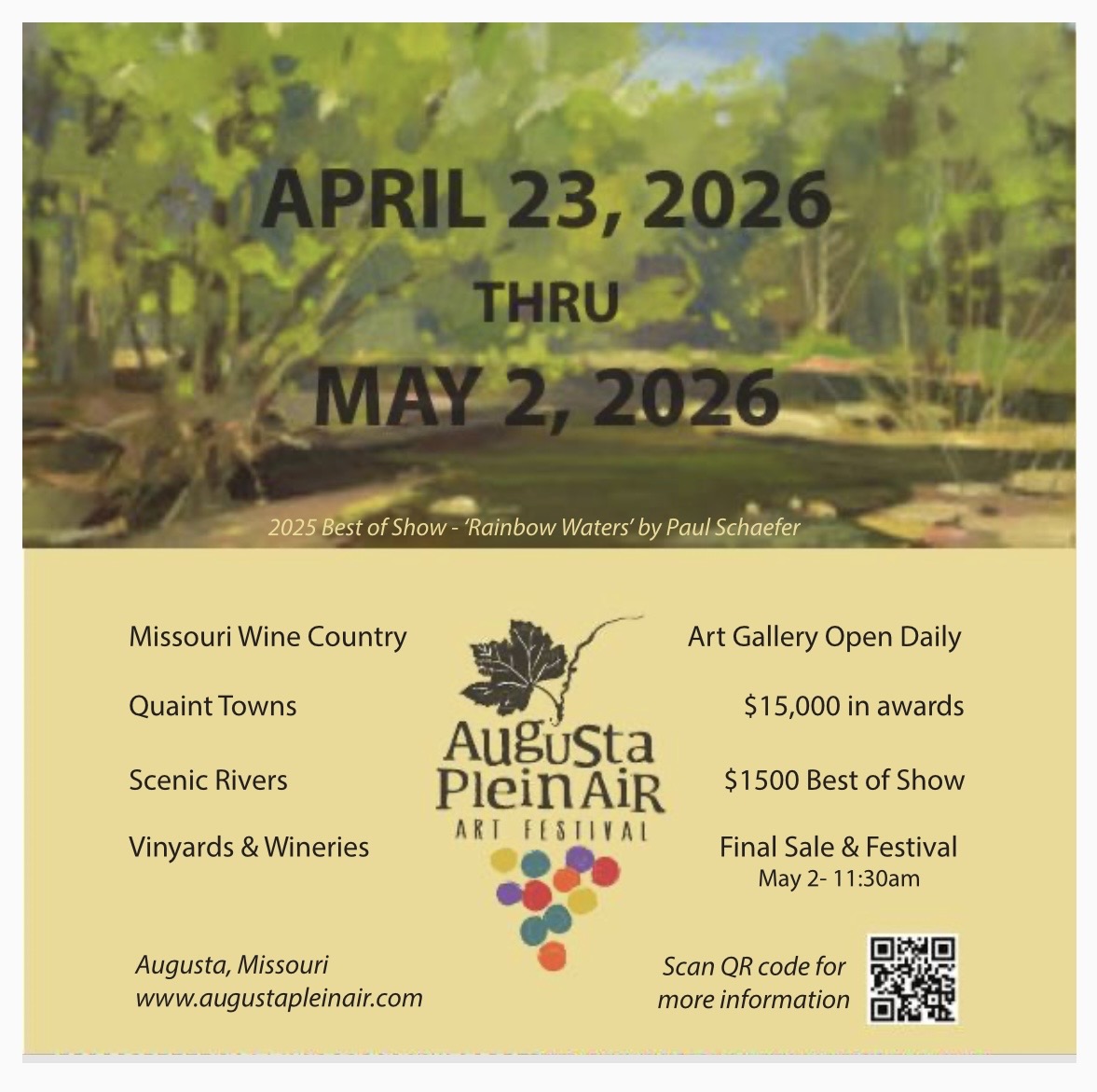 Augusta Plein Air is a 10-day art festival that brings artists to the area from 15 different states. We have daily paint outs in Augusta, Defiance, New Melle and Washington, MO. A large festival is on the Final Day. Art, music, food/drinks and a Children's Art Tent.