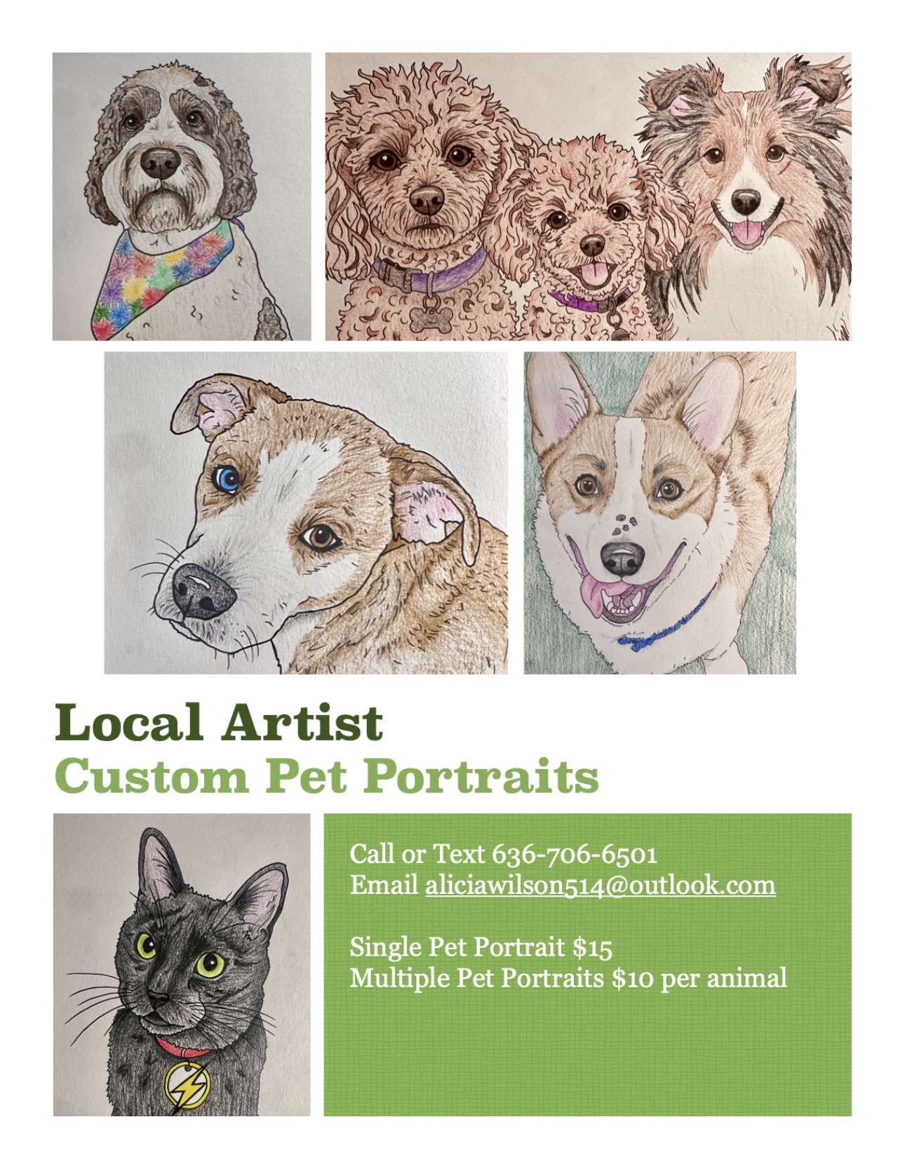 Alicia Wilson is a local artists that creates pet portraits in colored pencils for a small fee. Contact Alicia at aliciawilson514 at outlook dot com