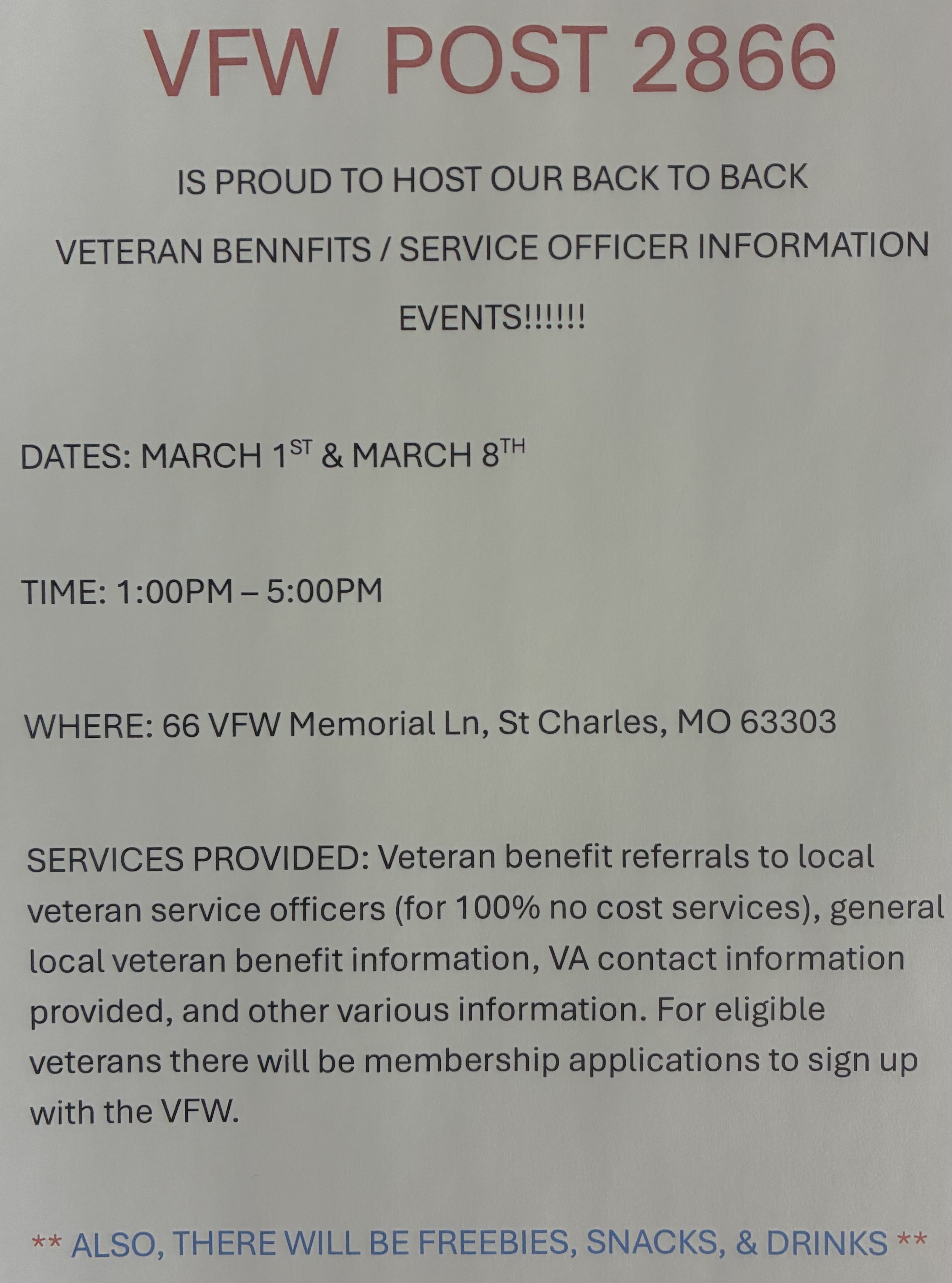 VFW Post 2866 is hosting a Veteran Benefit and Service Officer Information Events on March 1st and 8th
