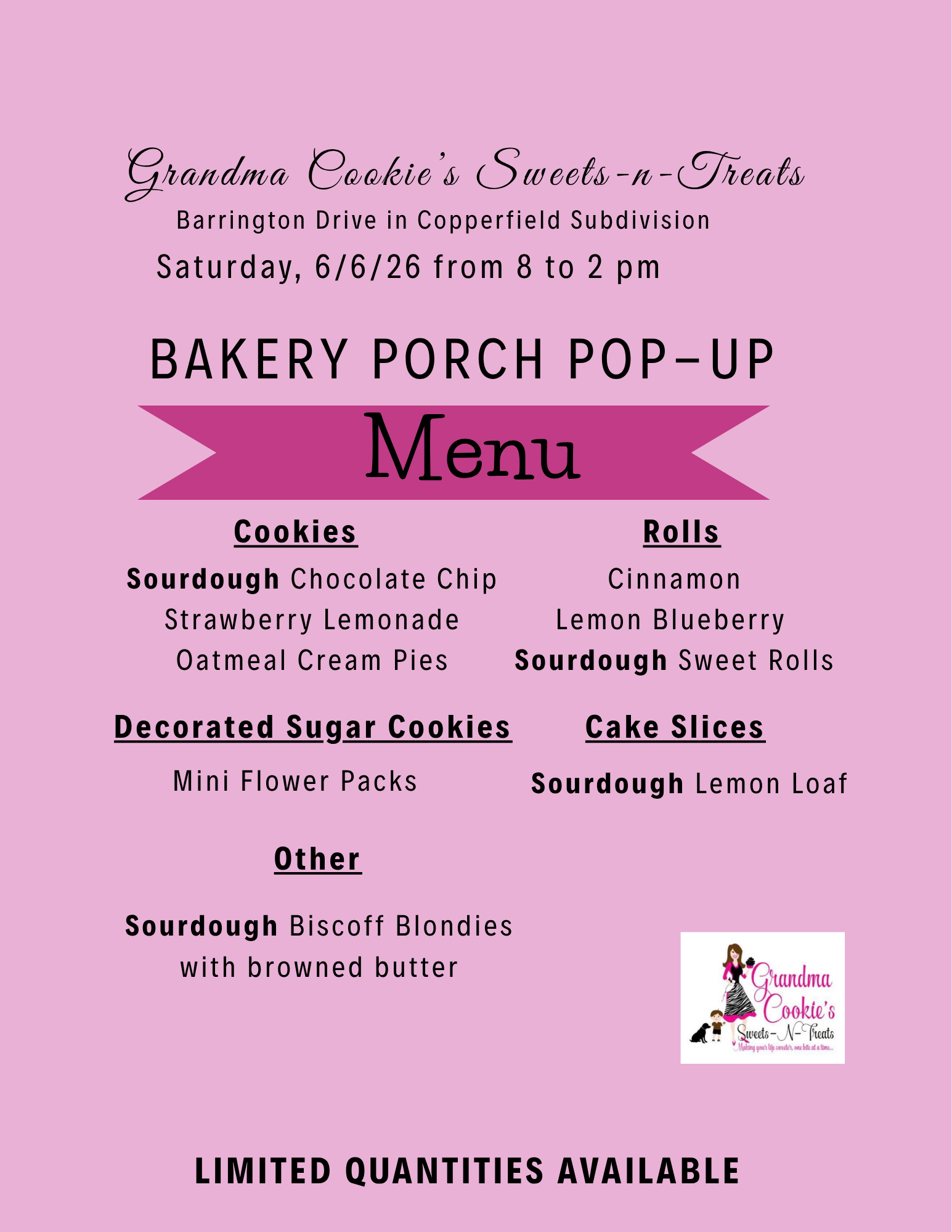 Grandma Cookie's Sweets n Treats Porch Pop Up June 6 from 8 to 2