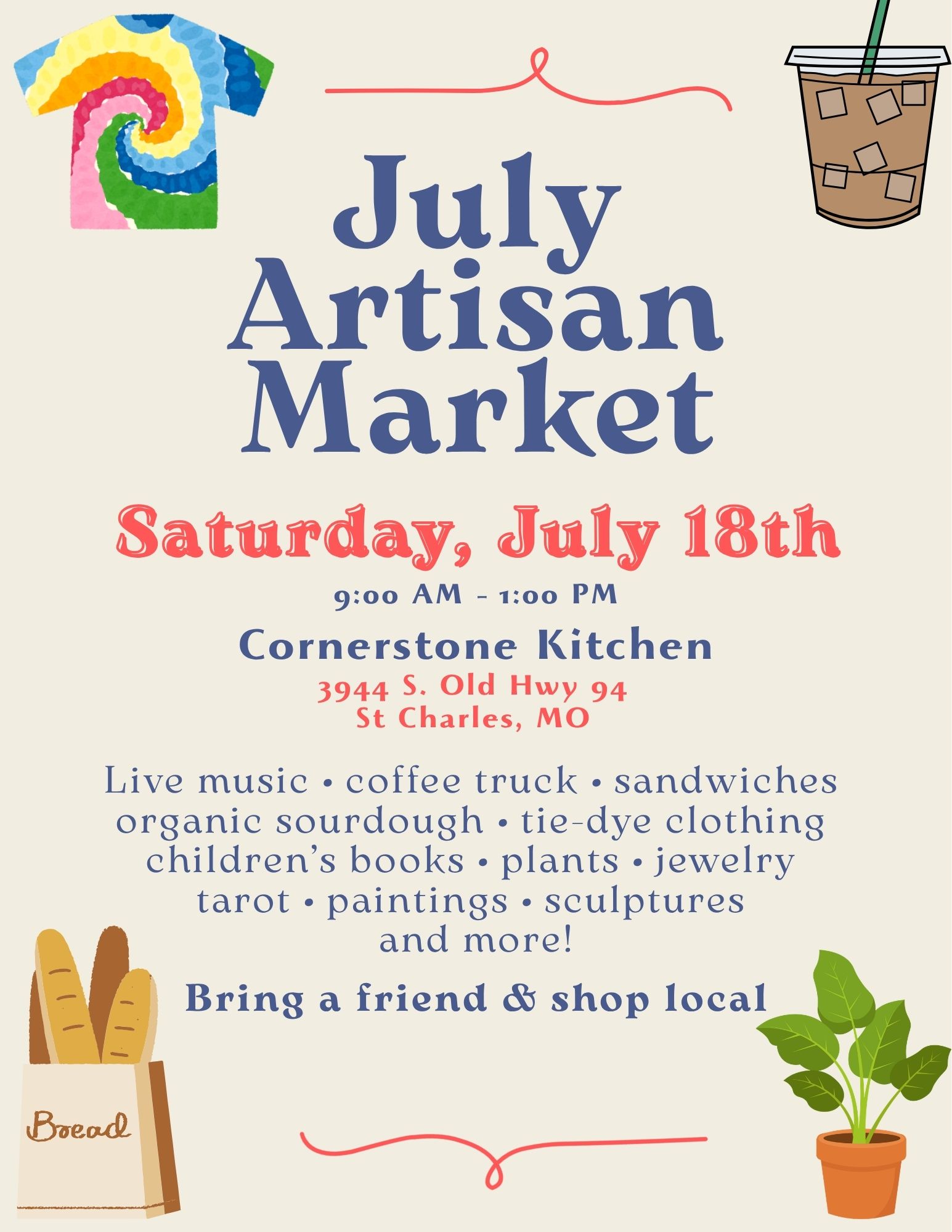 Cornerstone Kitchen is hosting an Artisan Market on Saturday July 18