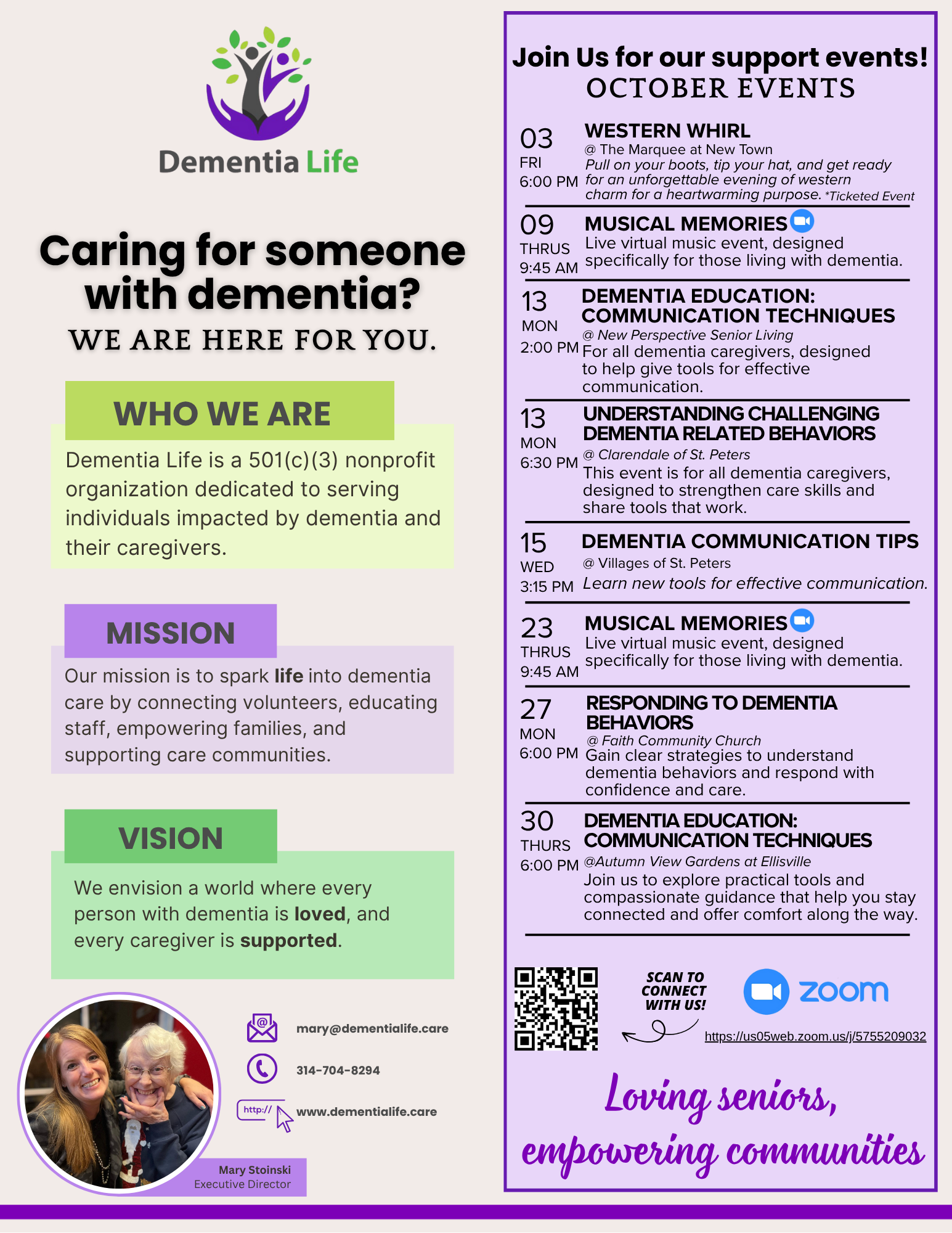 Dementia Life is a 501(c)(3) nonprofit organization dedicated to serving individuals impacted by dementia and their caregivers.