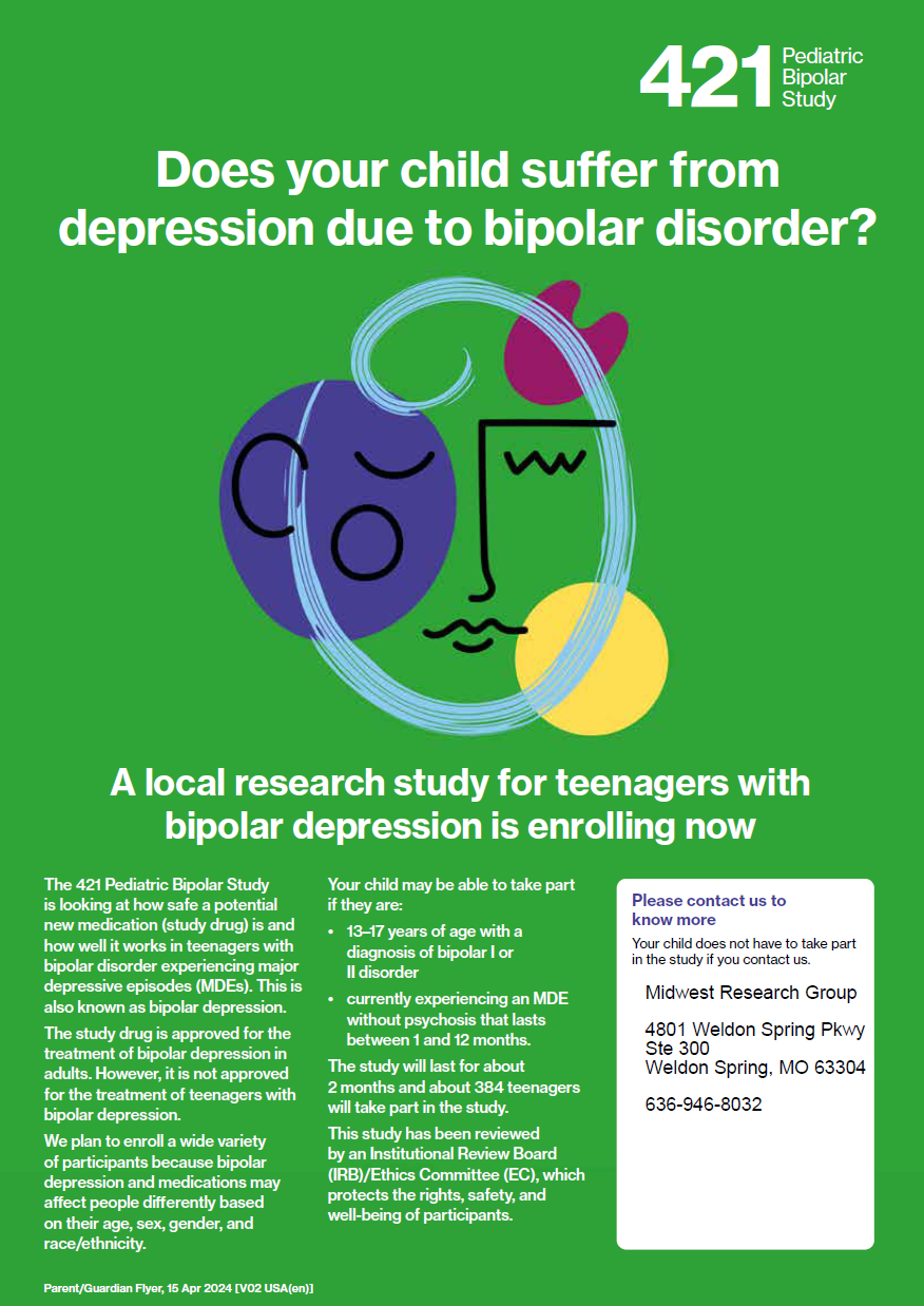 Midwest Research Group is offering participation in a medication trial for children that suffer from depression due to bipolar disorder.