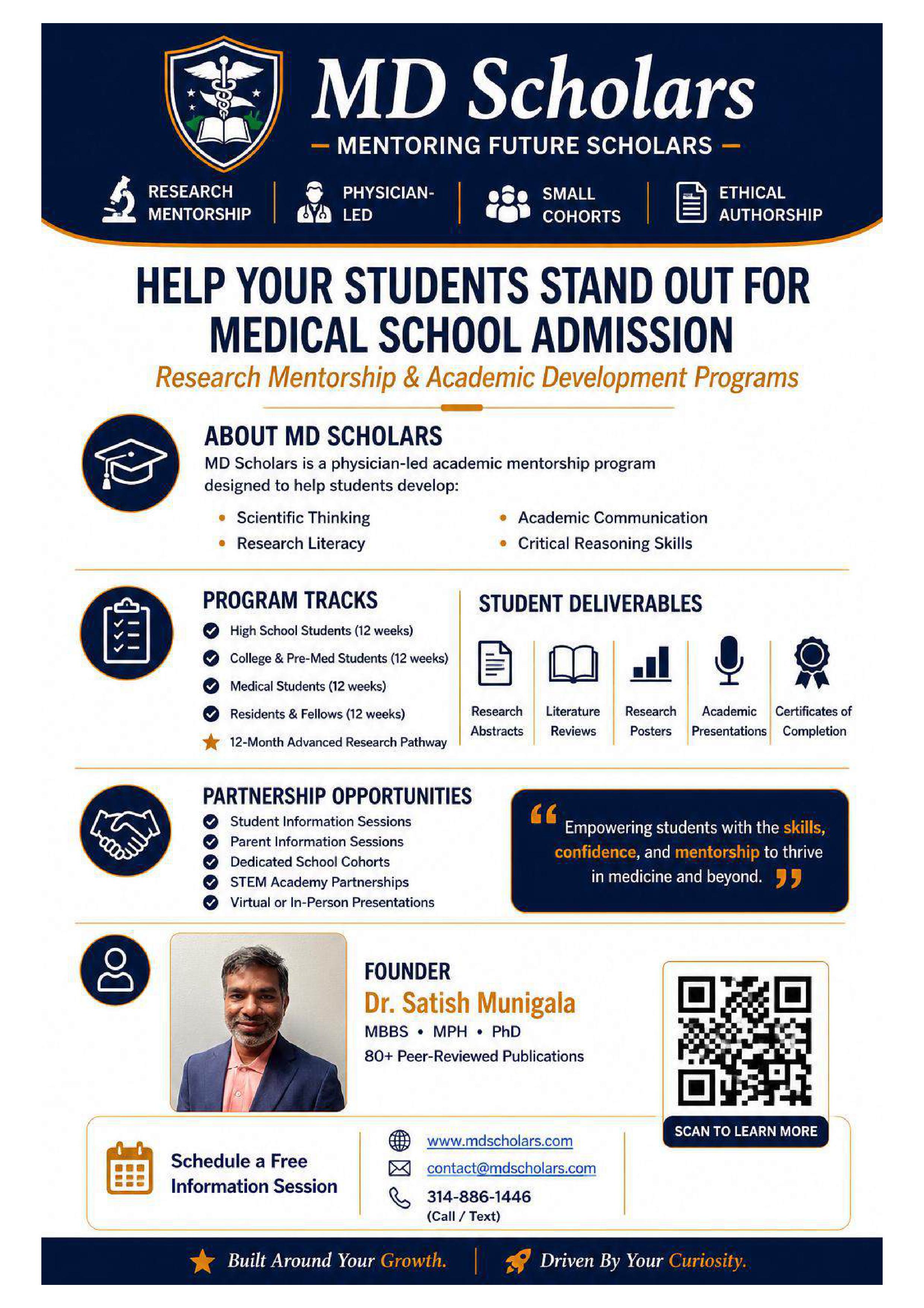 MD Scholars is a mentorship platform designed to help high school and college students interested in medicine develop the critical thinking, scientific literacy, and academic research skills that future physicians need.