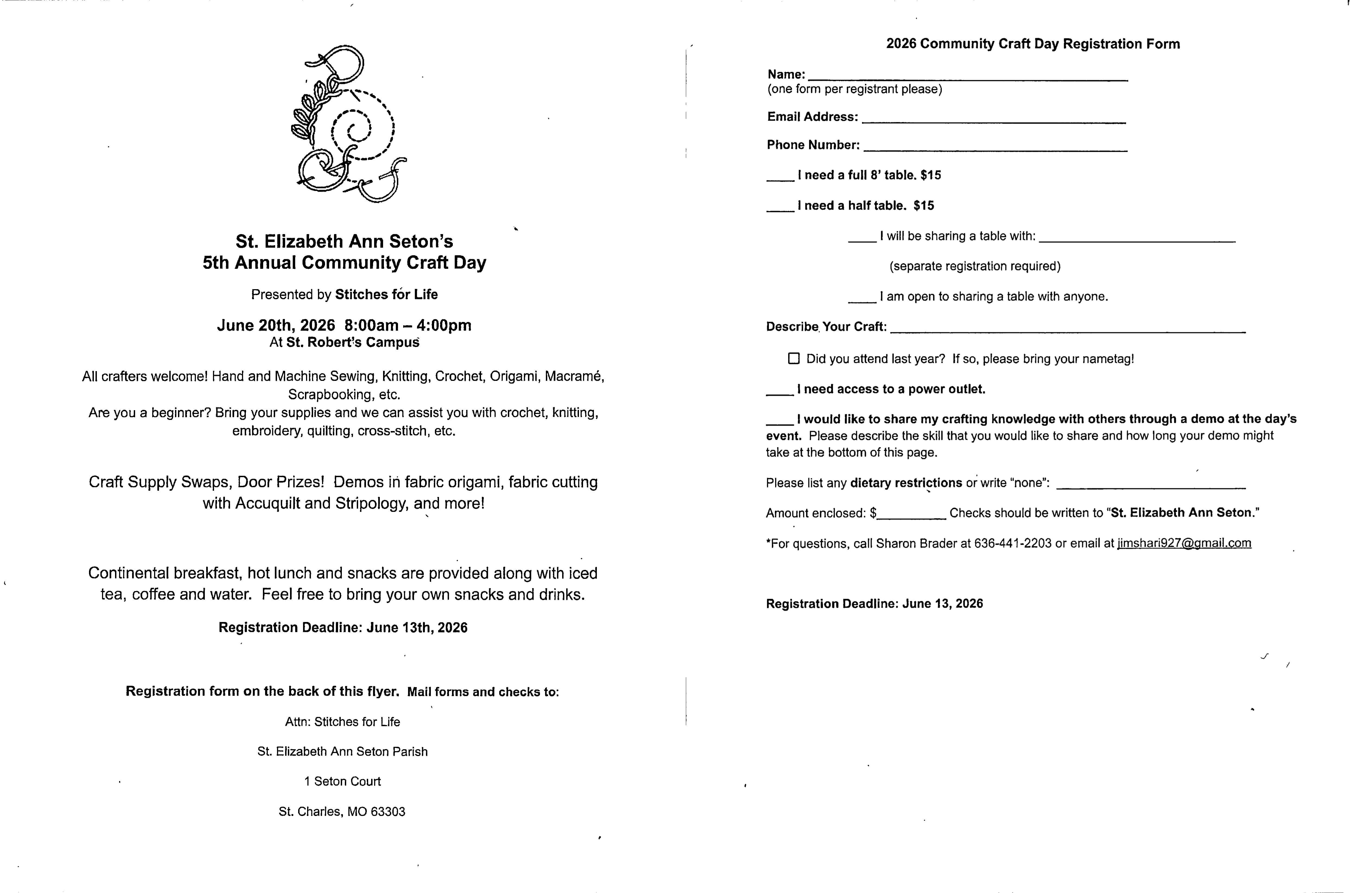St. Elizabeth Ann Seton's 5th Annual Community Craft Day Registration Form